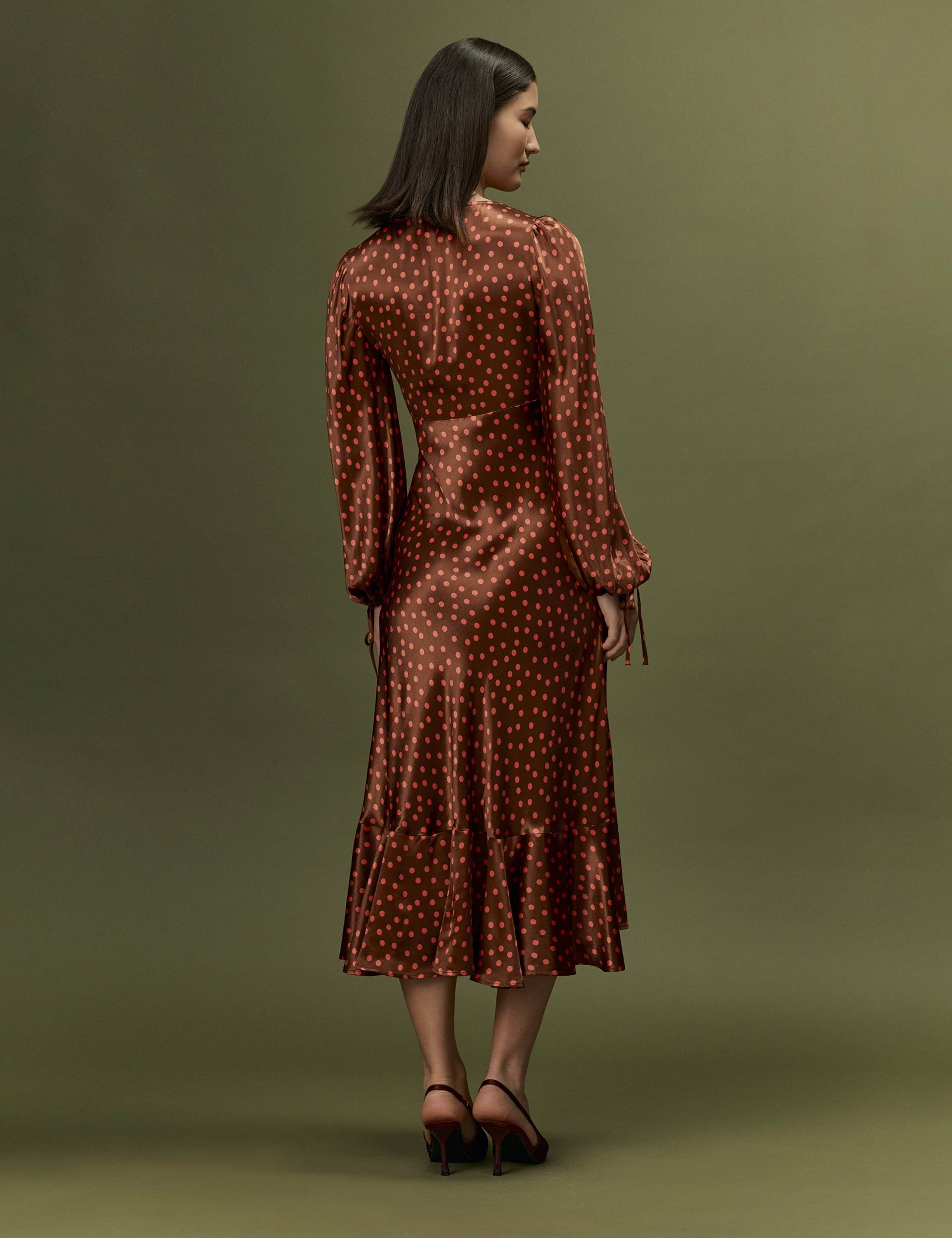Satin Polka Dot V Neck Frill Hem Midi Dress 3 of 7