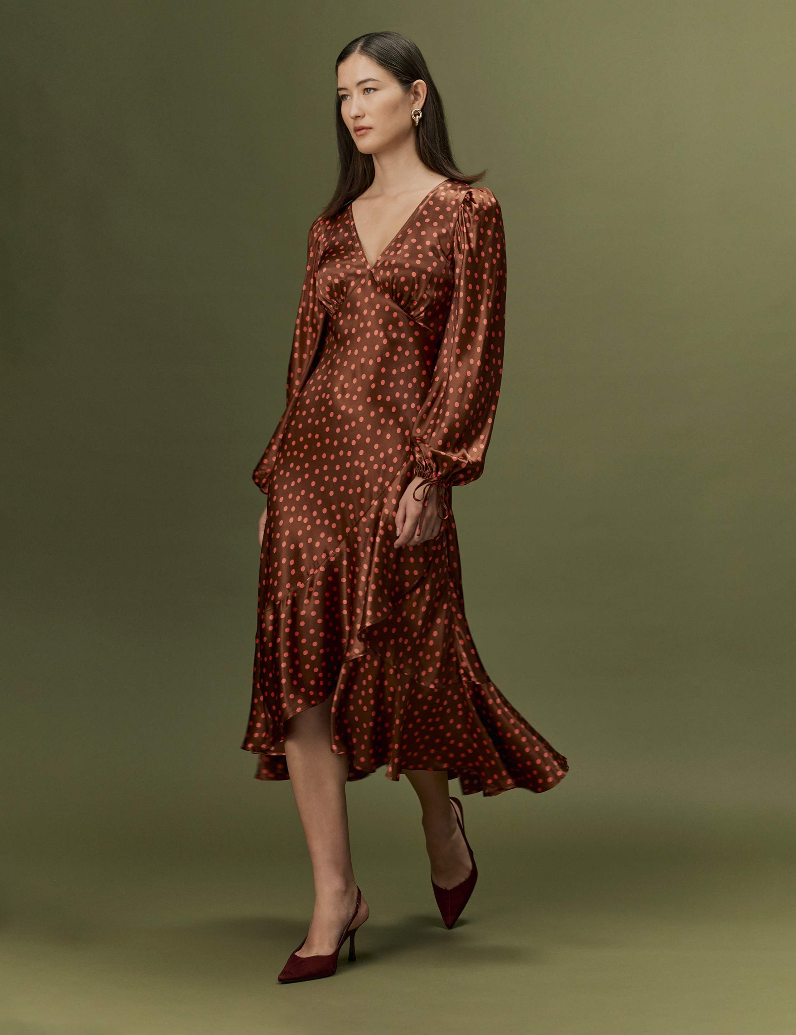 Satin Polka Dot V Neck Frill Hem Midi Dress 4 of 7