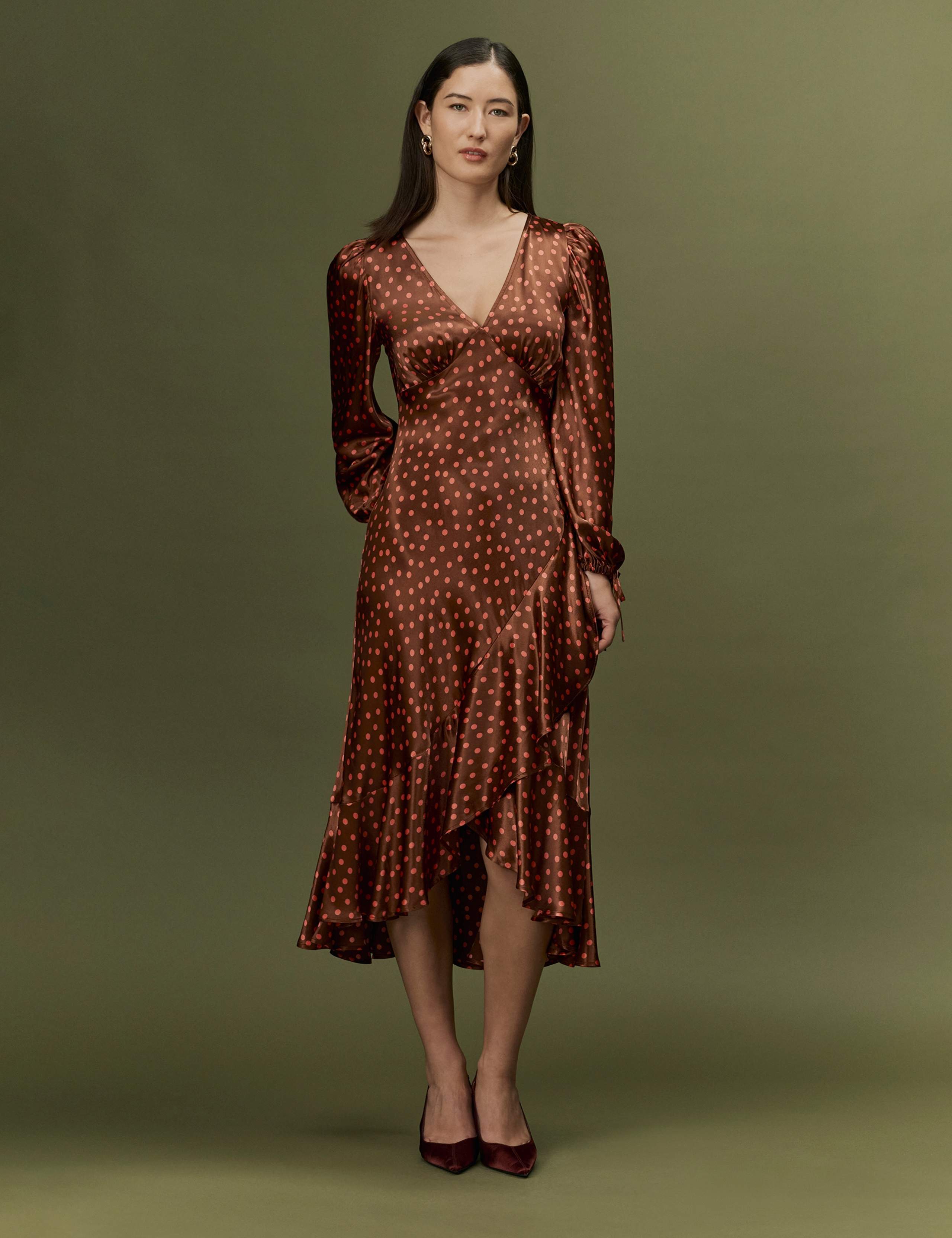 Satin Polka Dot V Neck Frill Hem Midi Dress 5 of 7