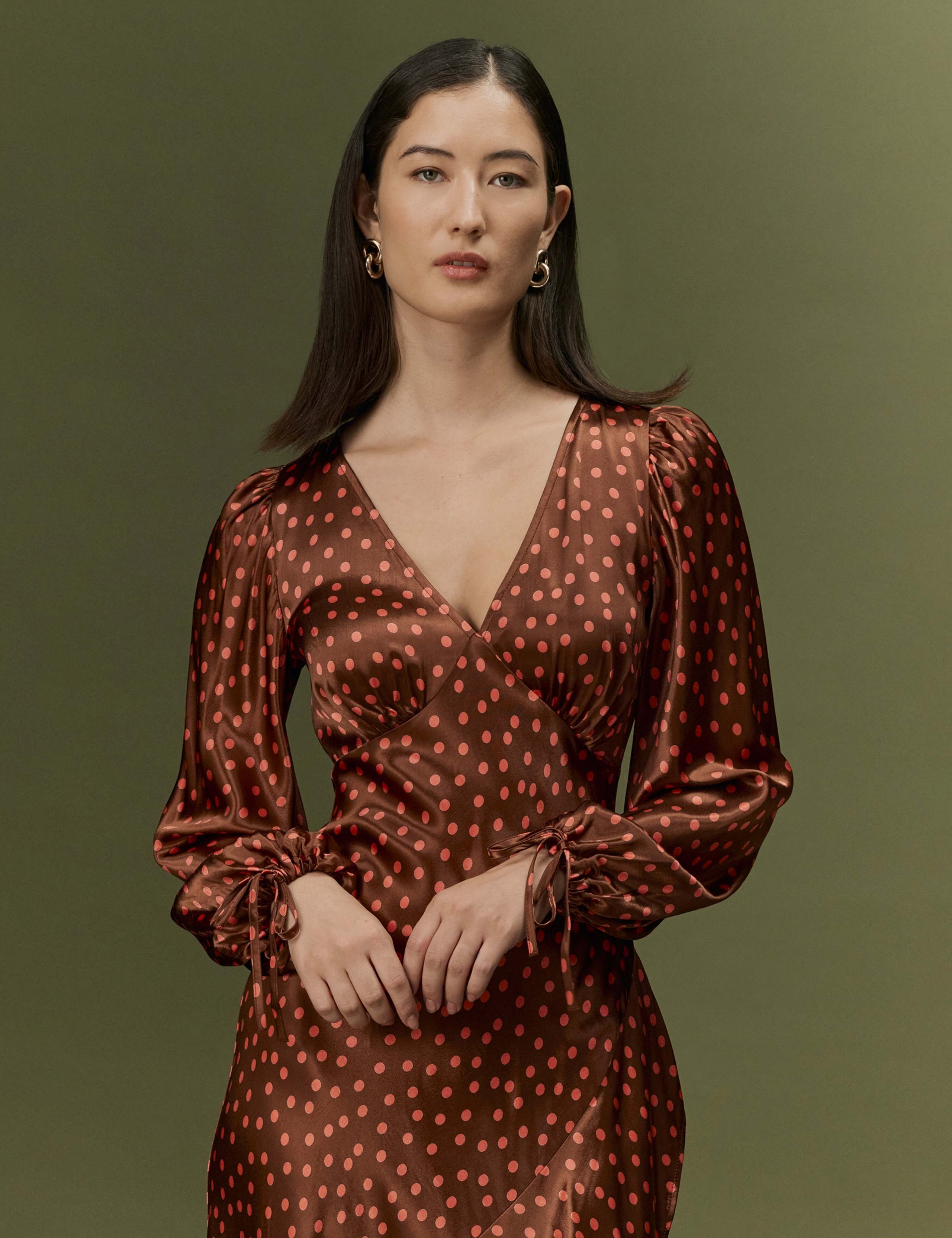Satin Polka Dot V Neck Frill Hem Midi Dress 6 of 7