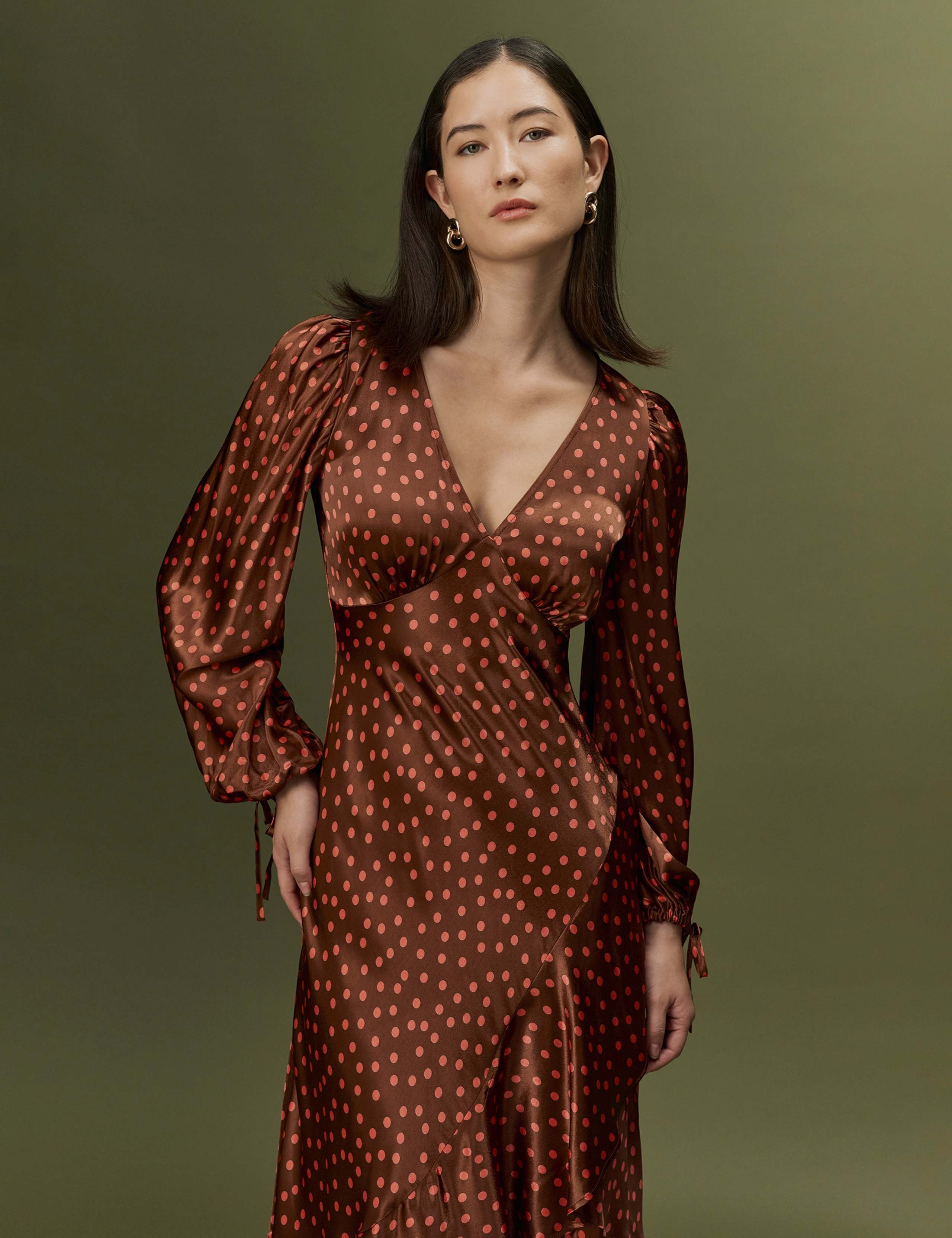Satin Polka Dot V Neck Frill Hem Midi Dress 7 of 7