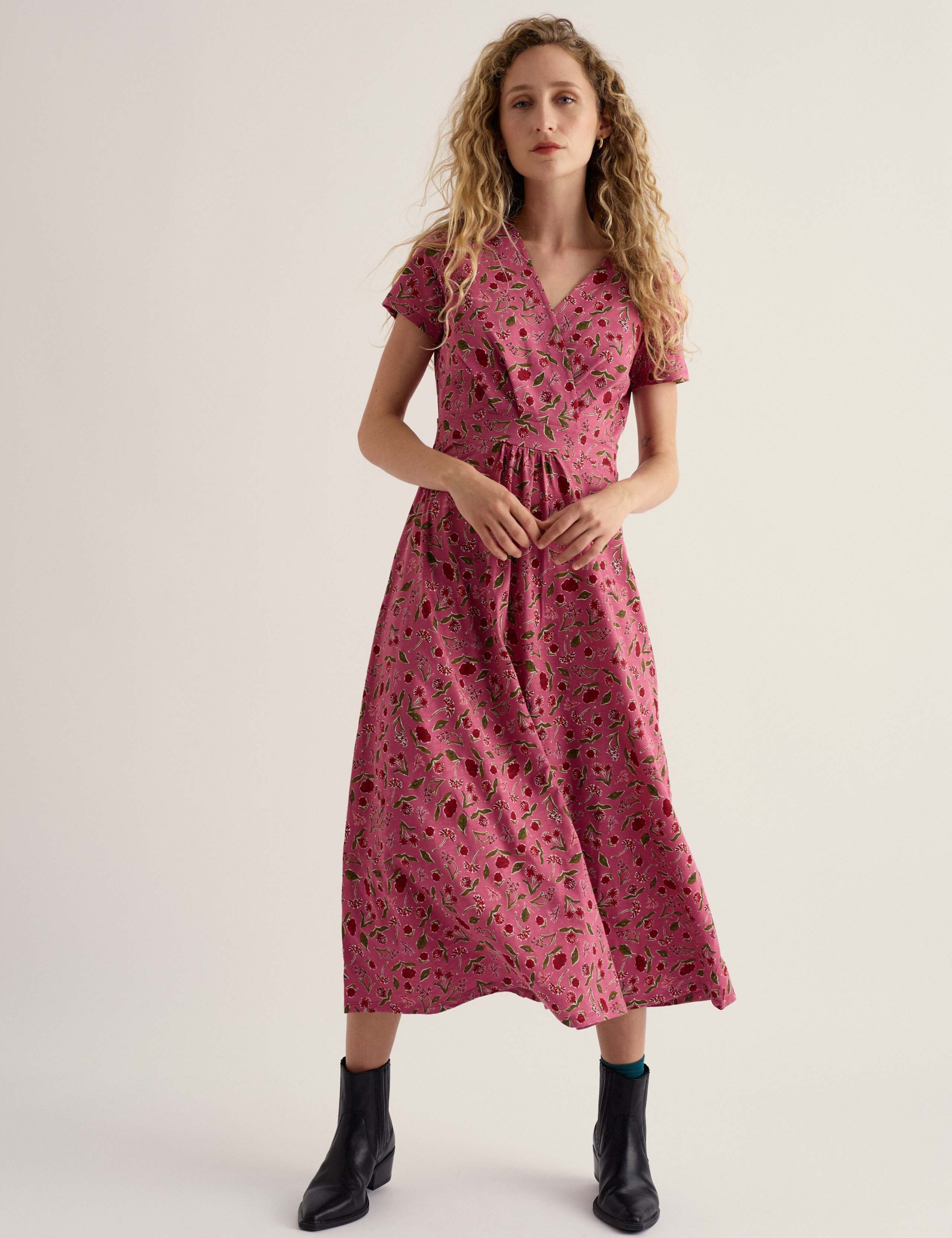 Pure Cotton Floral V-Neck Midi Wrap Dress 1 of 5