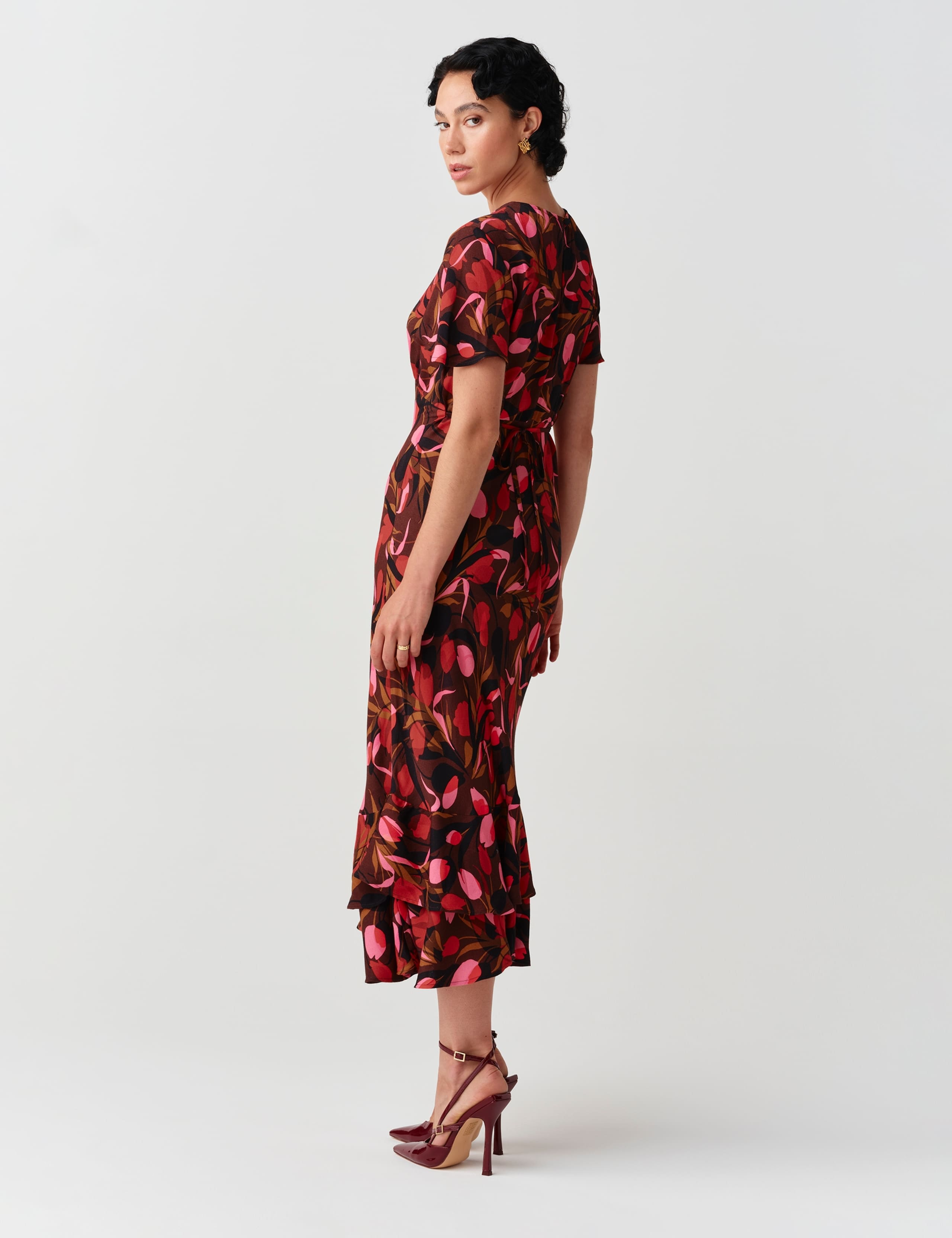 Crepe Floral Angel Sleeve Midi Tiered Dress 11 of 11