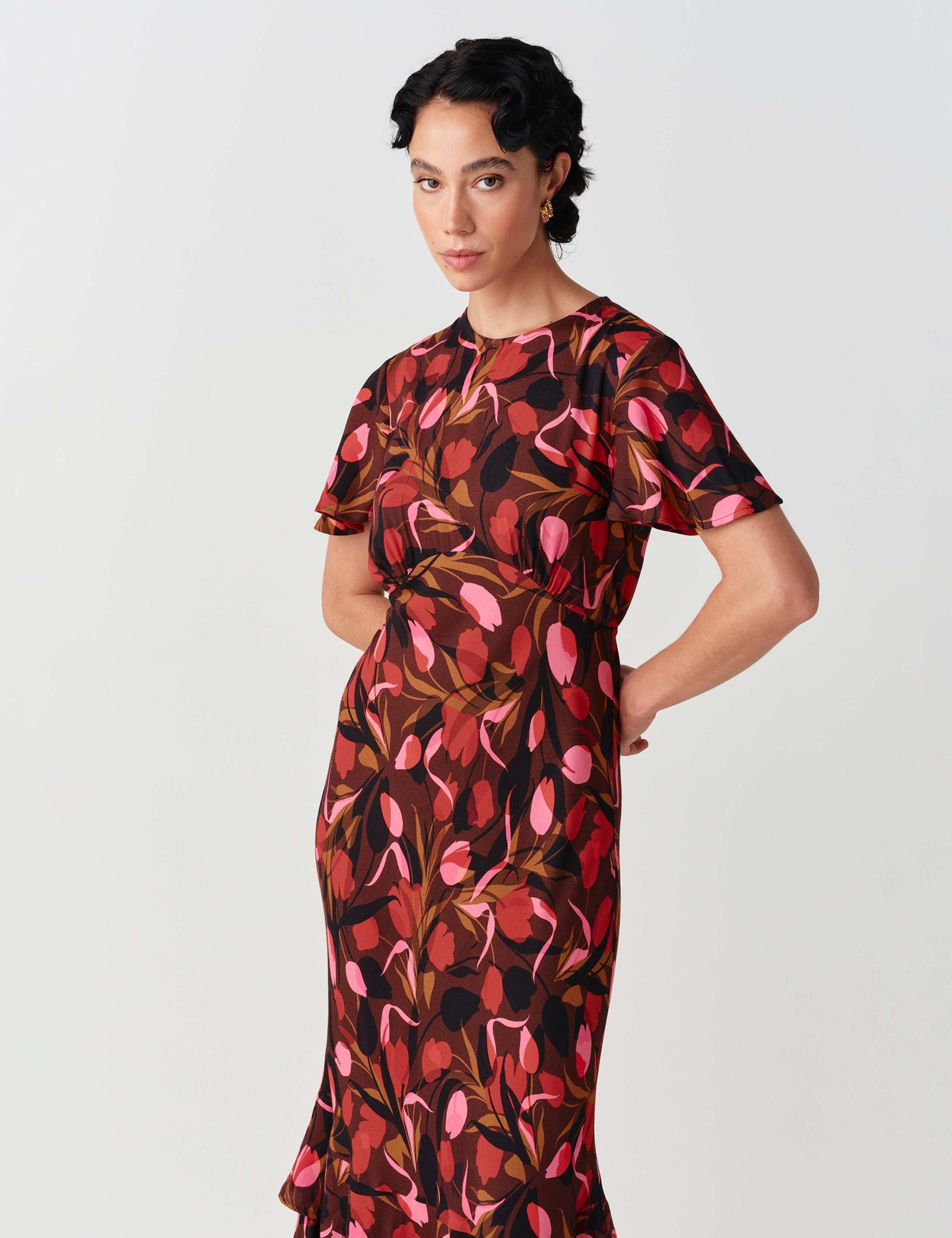 Crepe Floral Angel Sleeve Midi Tiered Dress 3 of 11