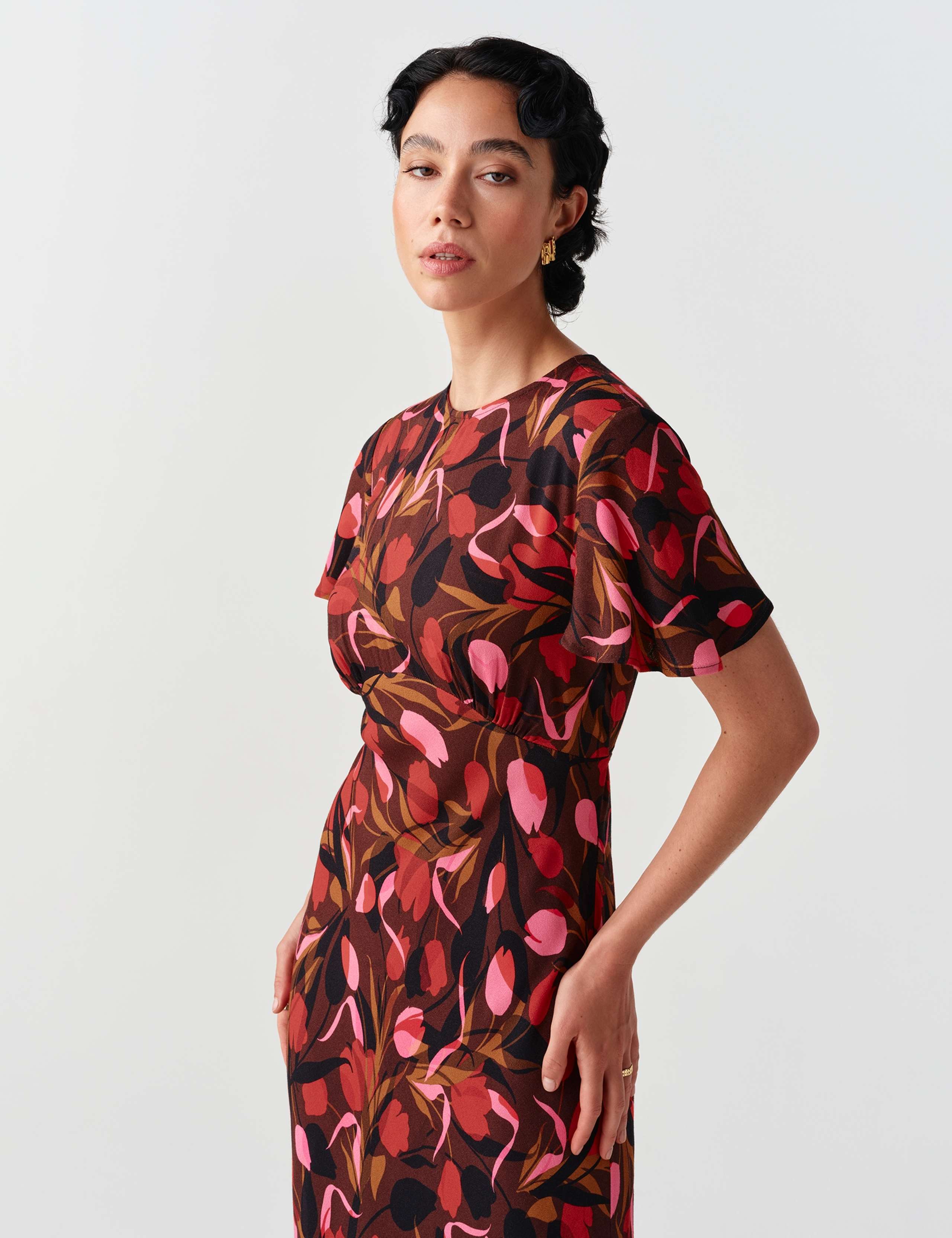 Crepe Floral Angel Sleeve Midi Tiered Dress 4 of 11