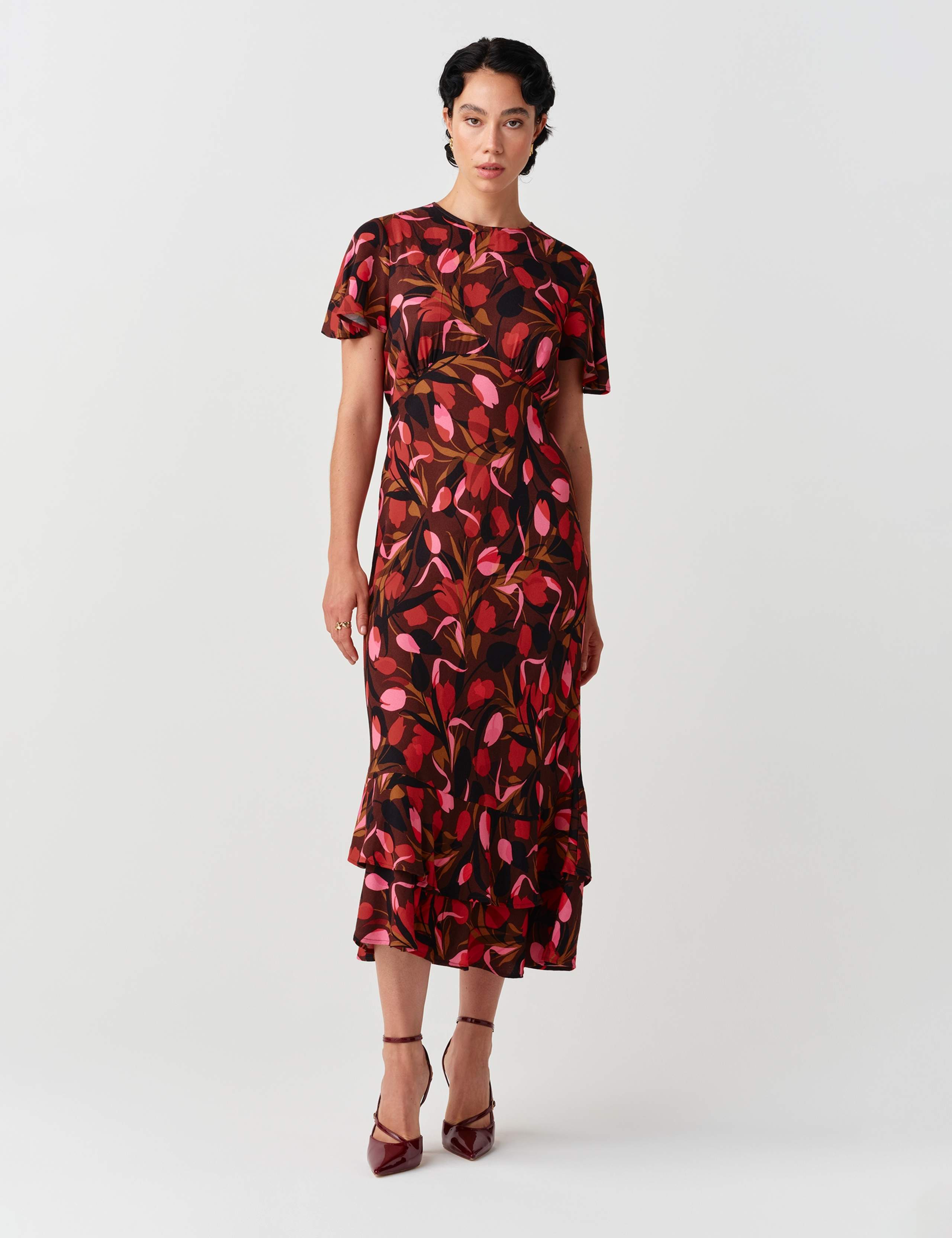 Crepe Floral Angel Sleeve Midi Tiered Dress 5 of 11