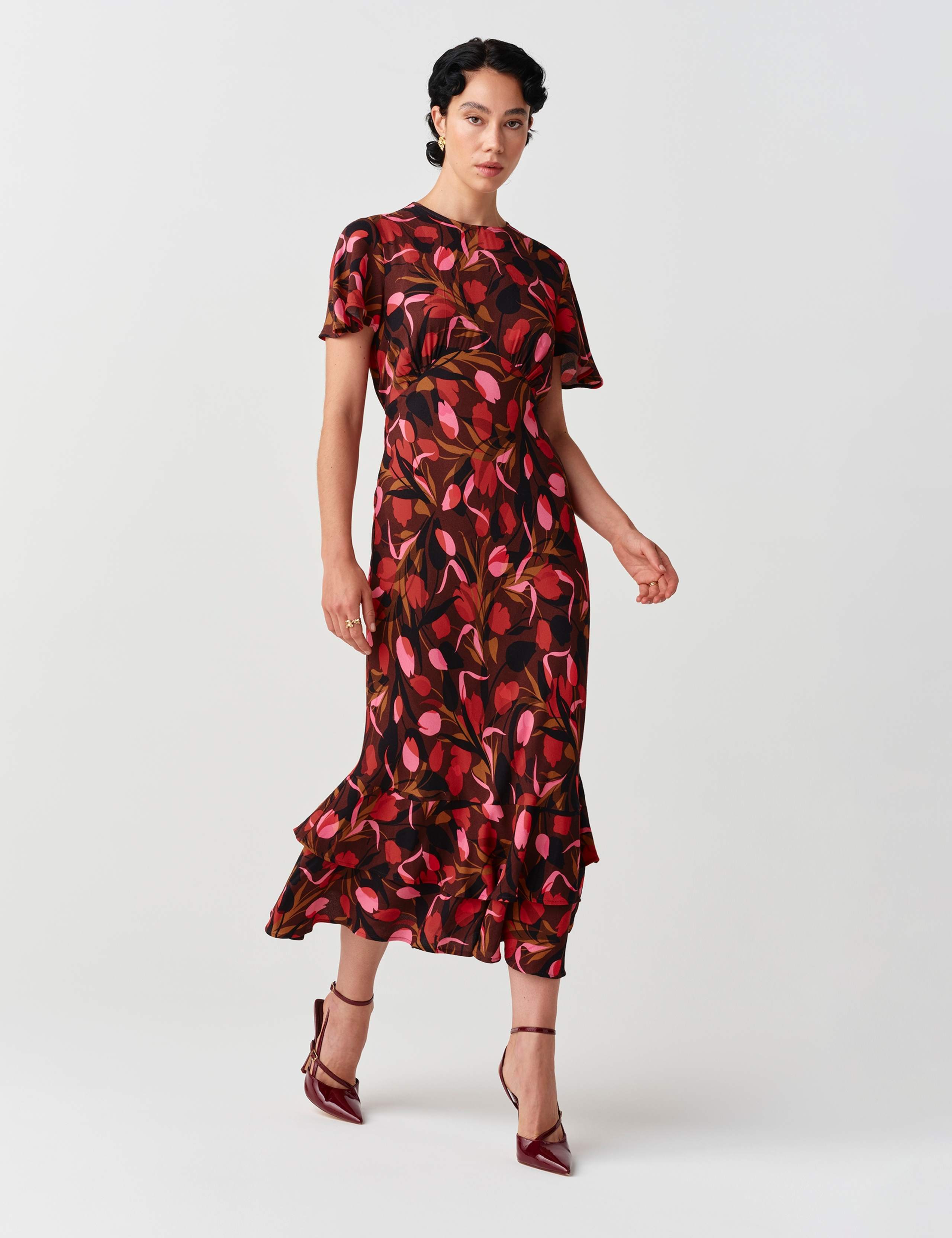 Crepe Floral Angel Sleeve Midi Tiered Dress 6 of 11