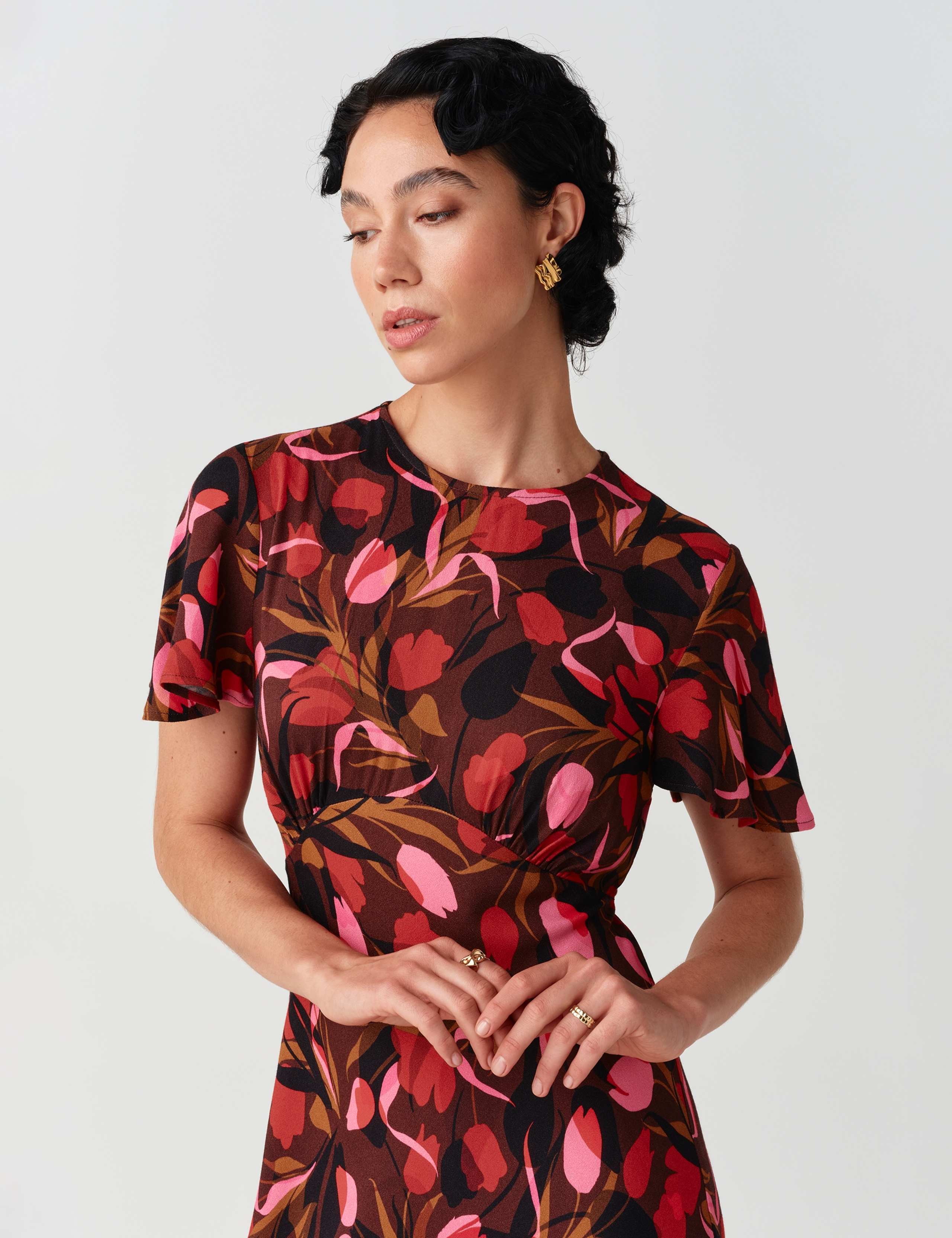 Crepe Floral Angel Sleeve Midi Tiered Dress 7 of 11