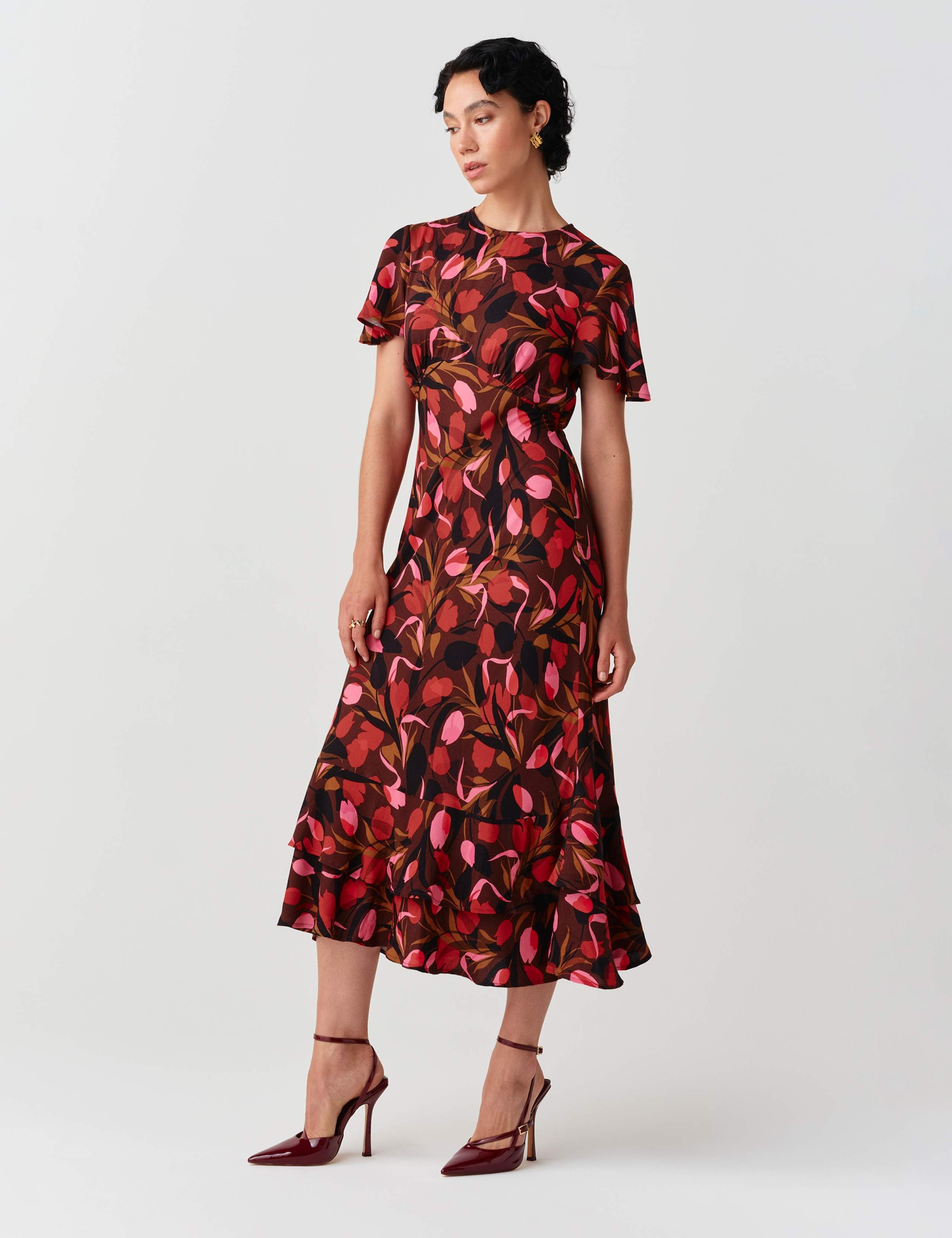 Crepe Floral Angel Sleeve Midi Tiered Dress 9 of 11