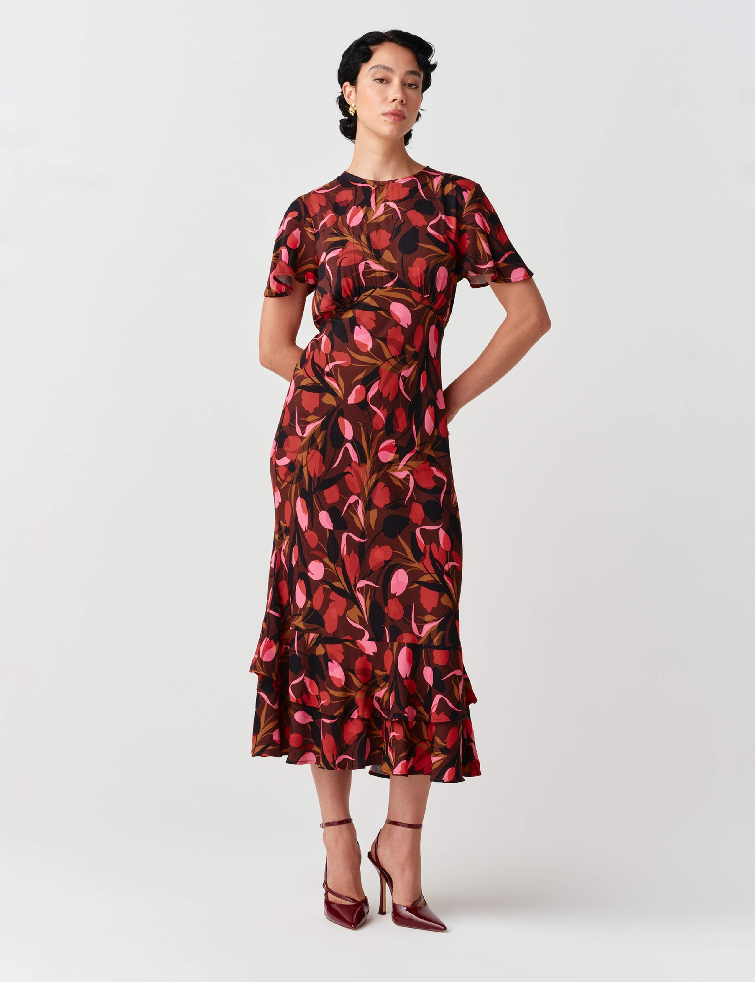 Crepe Floral Angel Sleeve Midi Tiered Dress 10 of 11