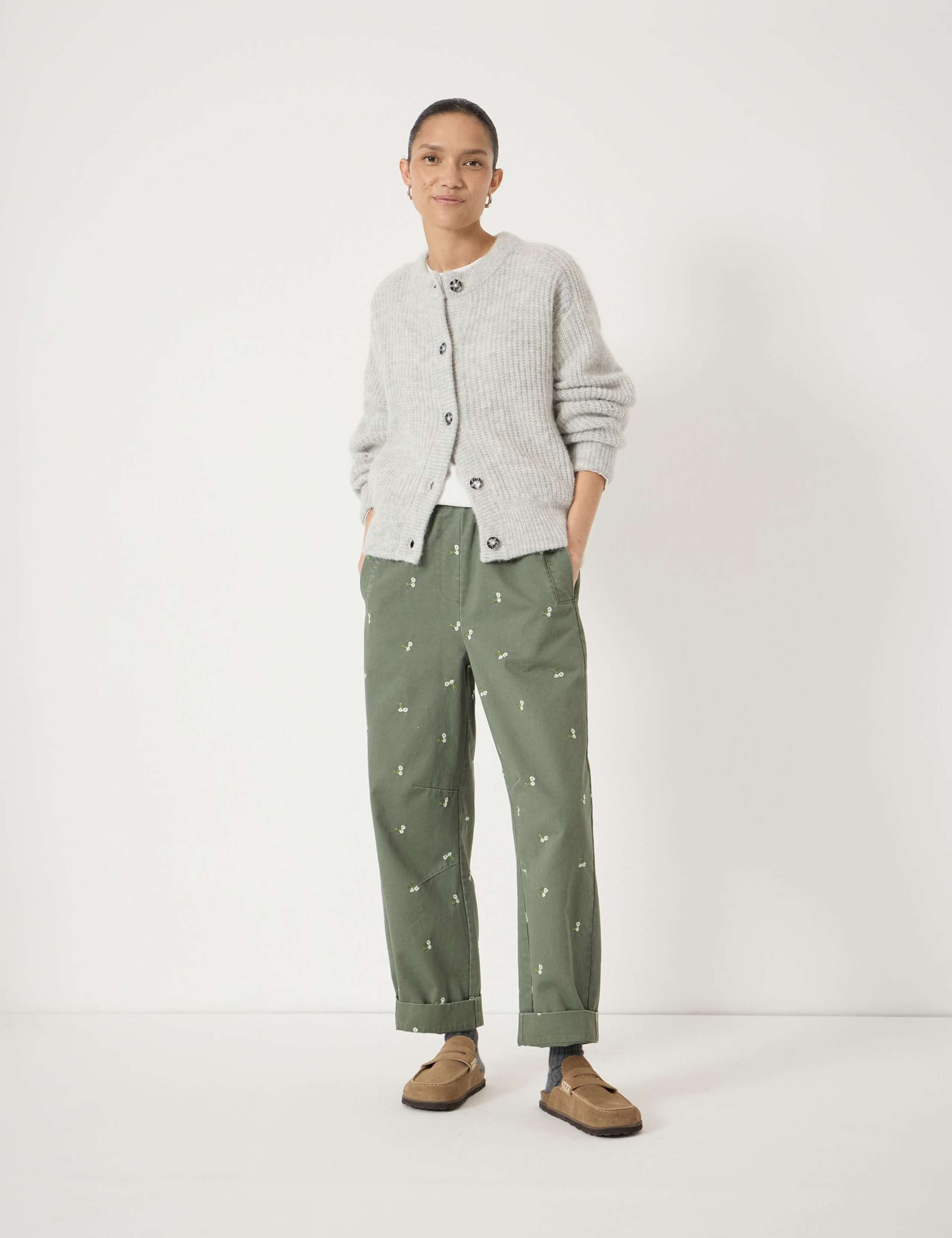 Pure Cotton Embroidered Barrel Leg Trousers 1 of 5