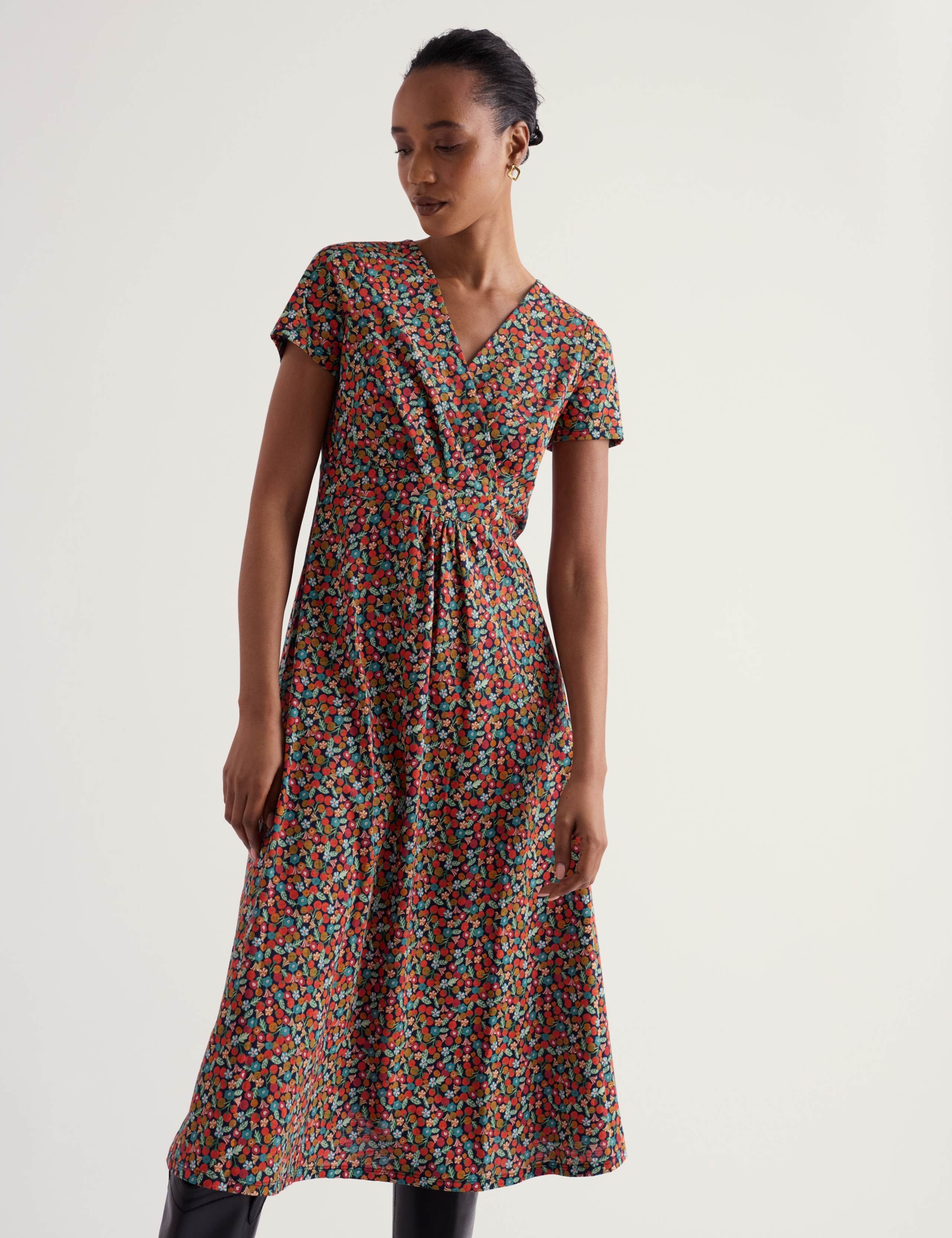 Pure Cotton Floral V-Neck Midi Wrap Dress 4 of 5