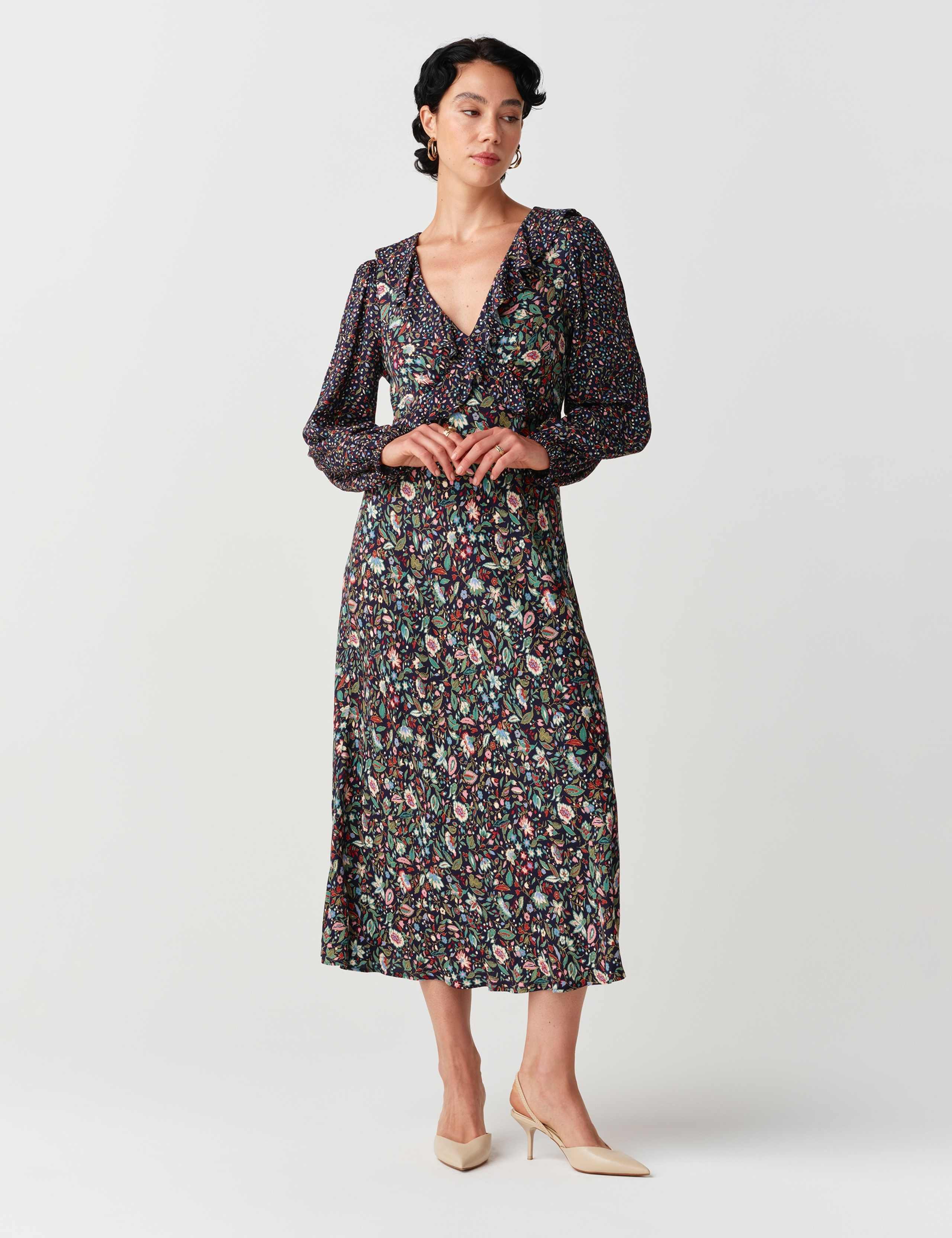 Crepe Floral V Neck Frill Detail Midi Dress 2 of 9