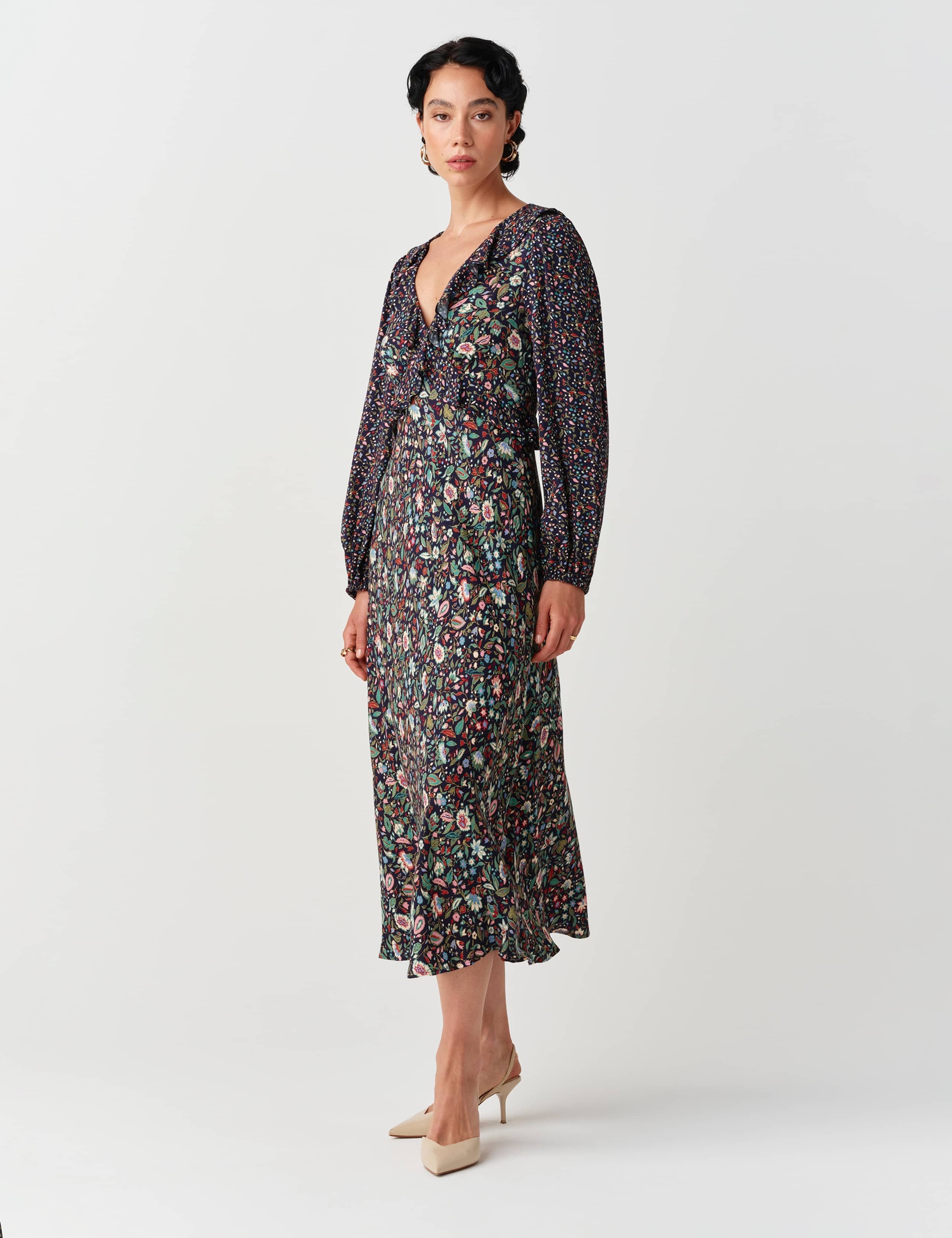 Crepe Floral V Neck Frill Detail Midi Dress 4 of 9