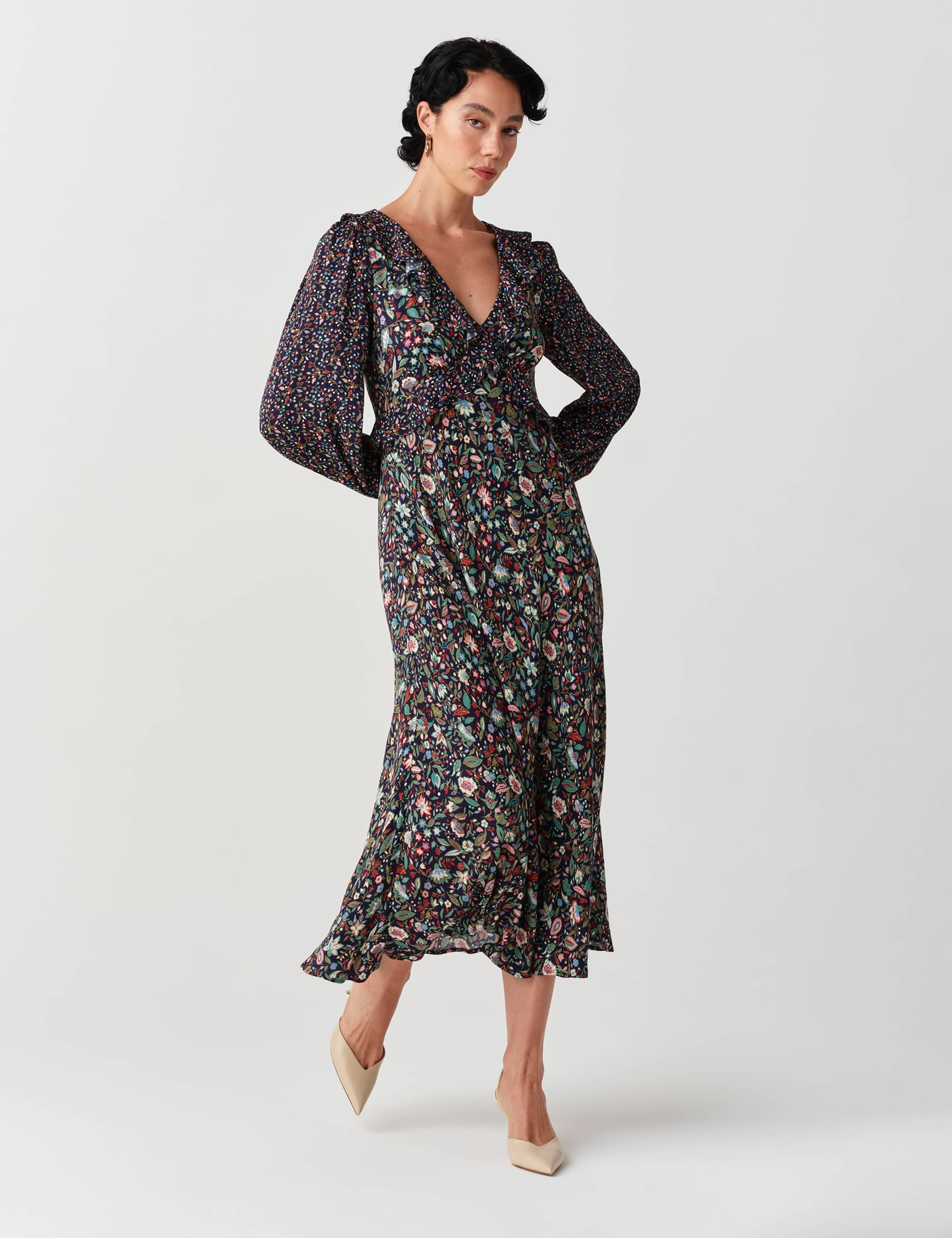 Crepe Floral V Neck Frill Detail Midi Dress 5 of 9