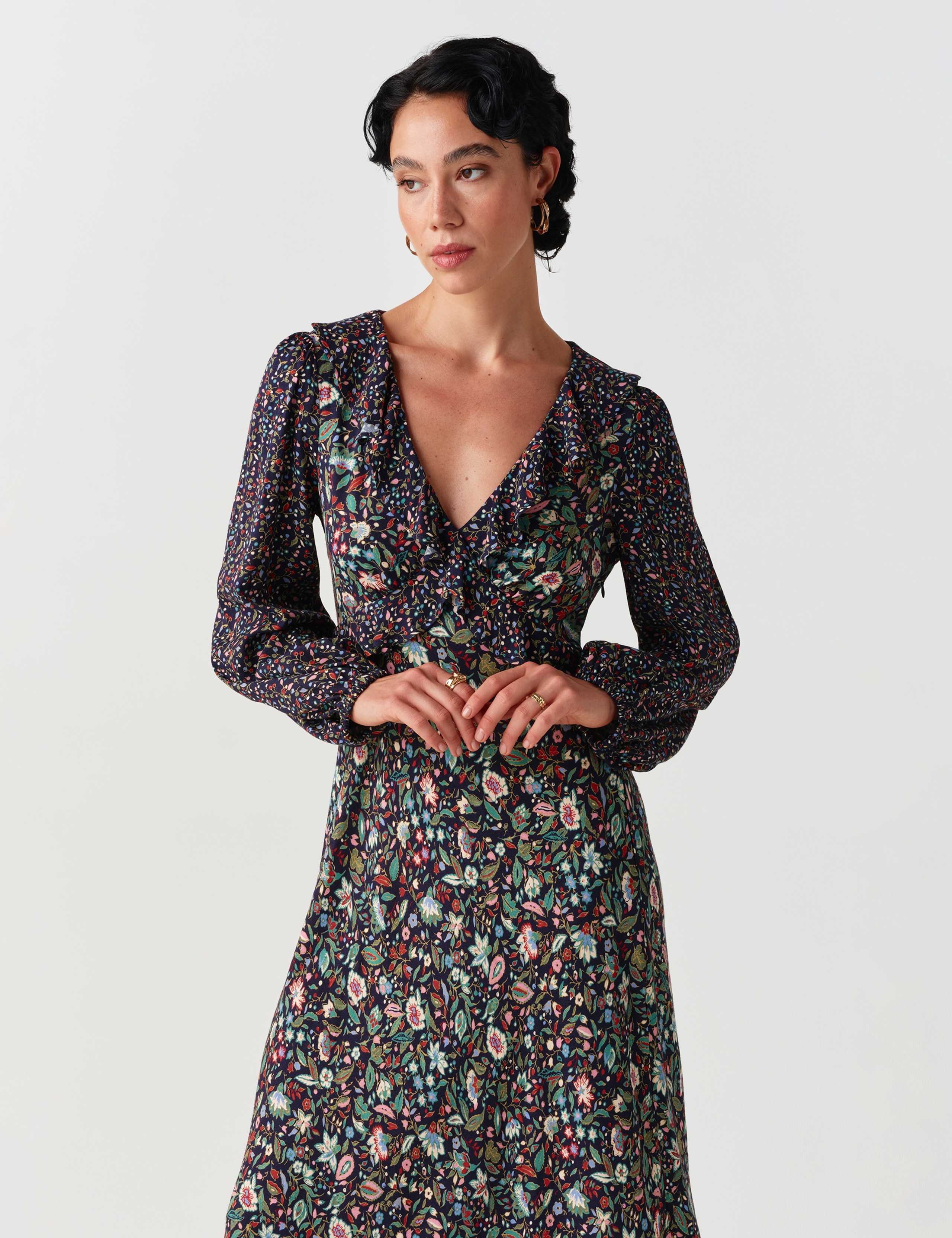 Crepe Floral V Neck Frill Detail Midi Dress 6 of 9