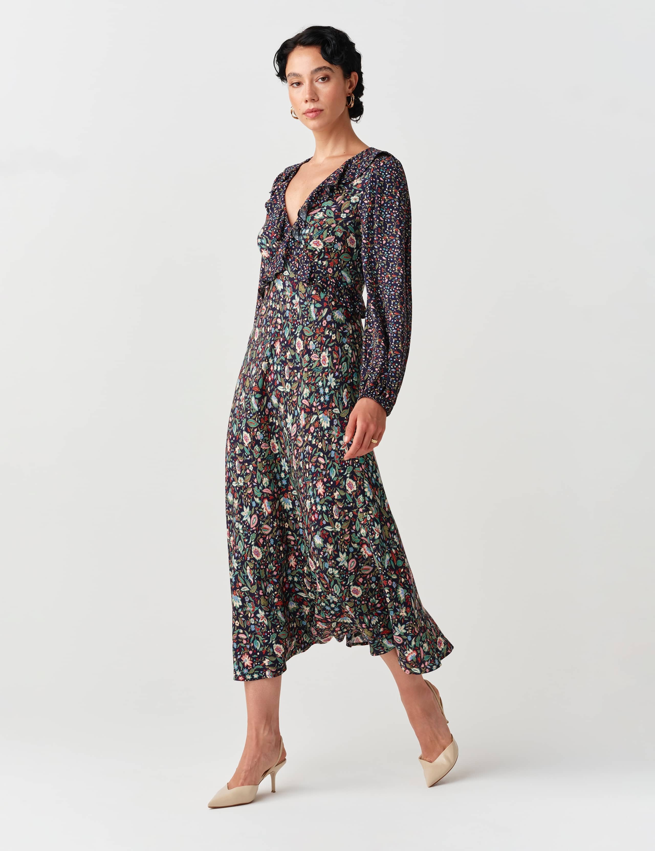 Crepe Floral V Neck Frill Detail Midi Dress 7 of 9