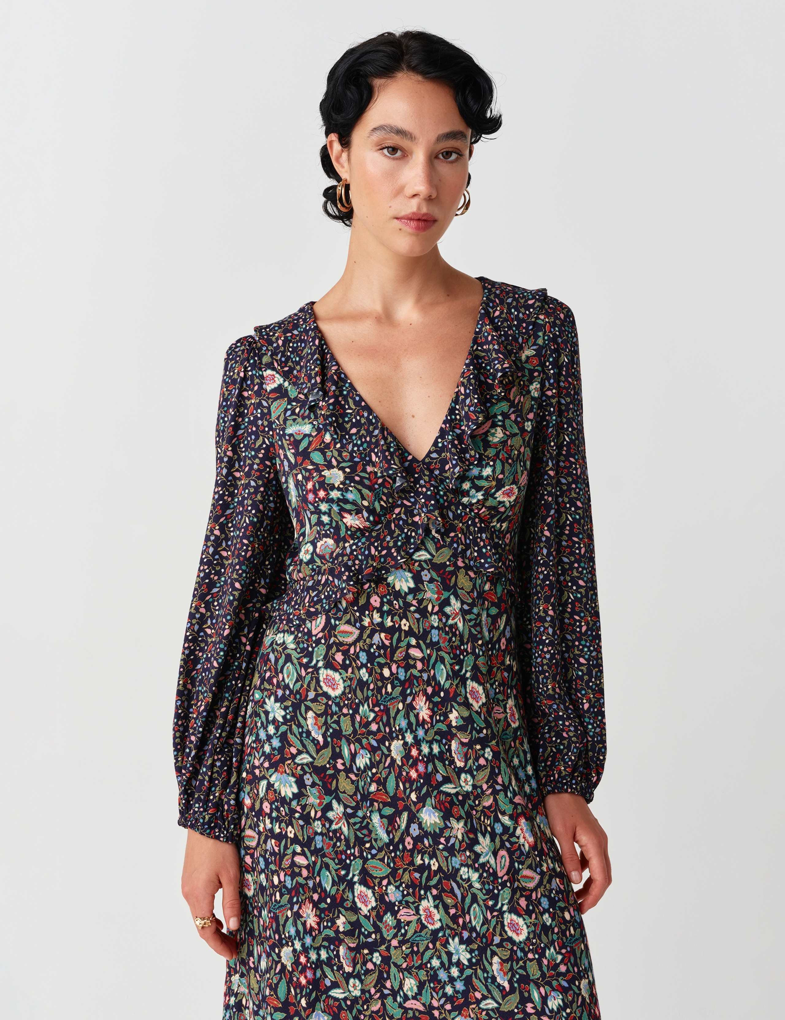 Crepe Floral V Neck Frill Detail Midi Dress 8 of 9