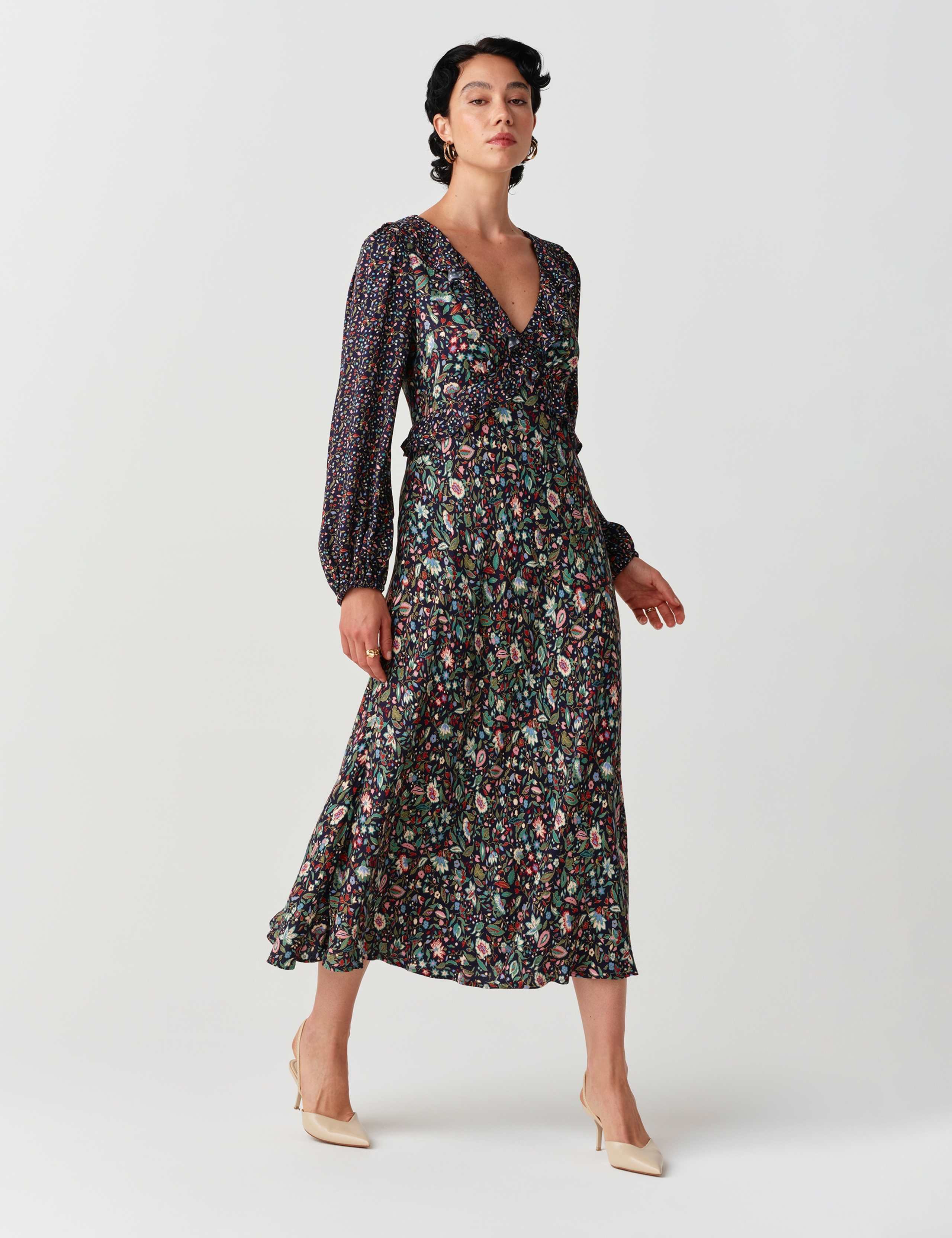 Crepe Floral V Neck Frill Detail Midi Dress 9 of 9