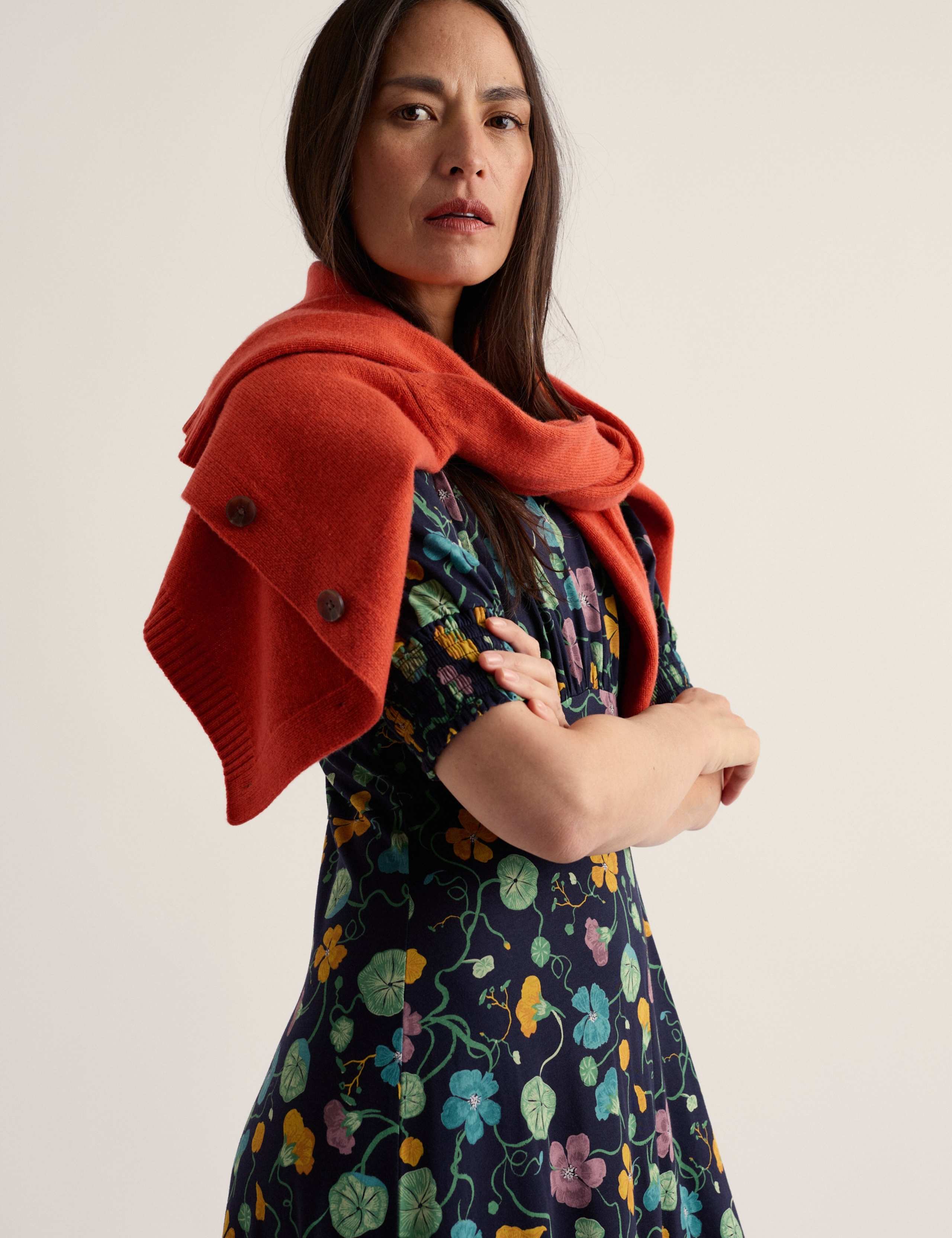 Cotton Modal Floral Notch Neck Midi Tea Dress 3 of 5