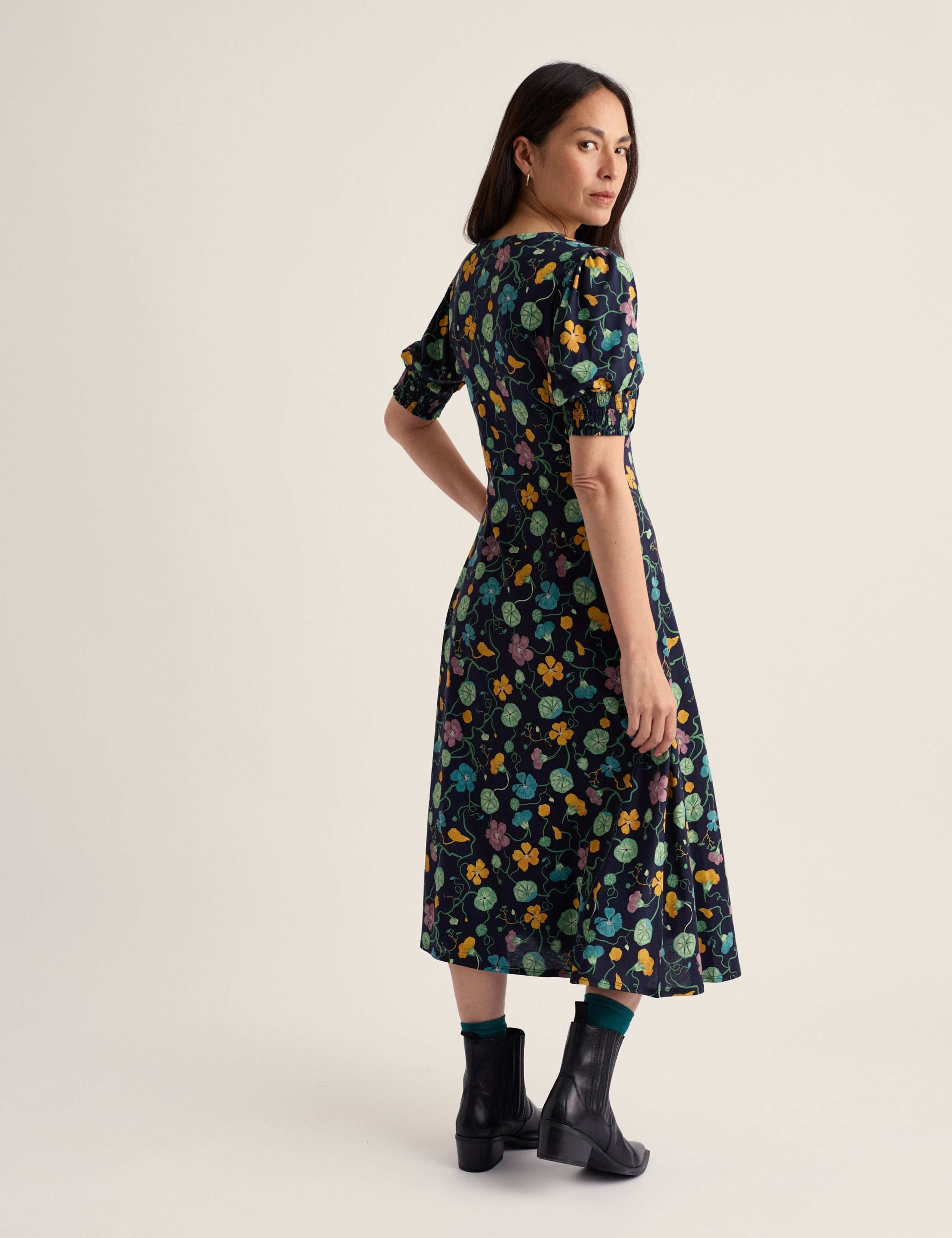 Cotton Modal Floral Notch Neck Midi Tea Dress 4 of 5