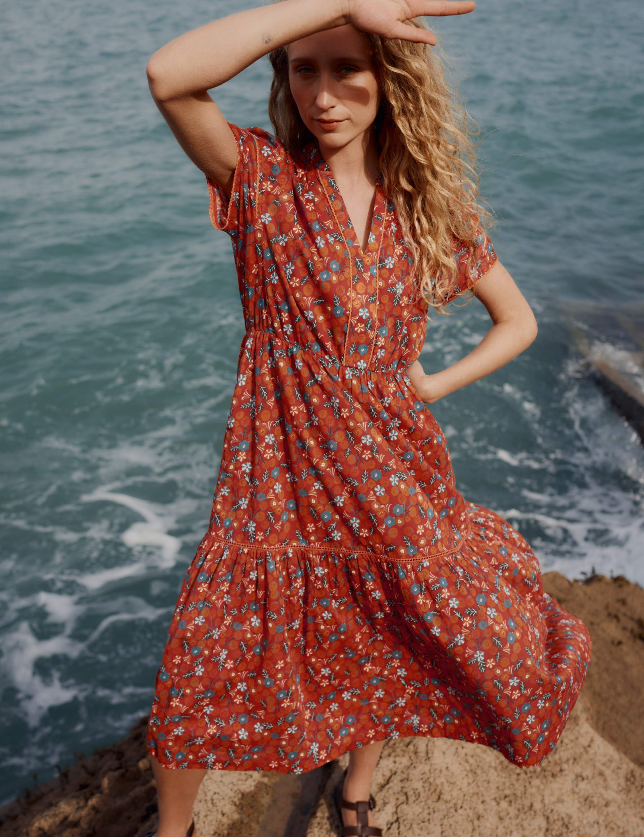 Pure Cotton Floral Notch Neck Midi Tiered Dress 1 of 6