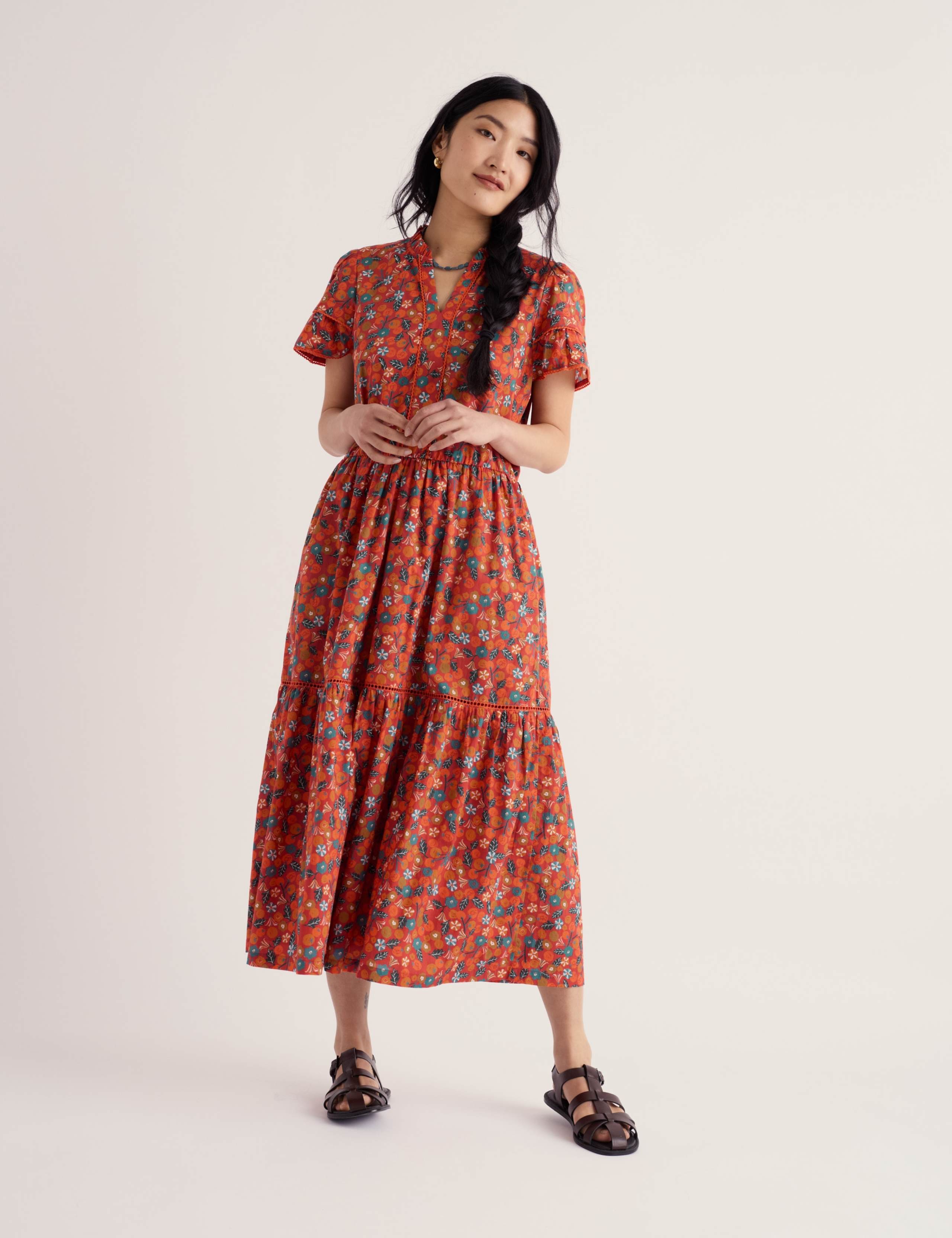 Pure Cotton Floral Notch Neck Midi Tiered Dress 3 of 6