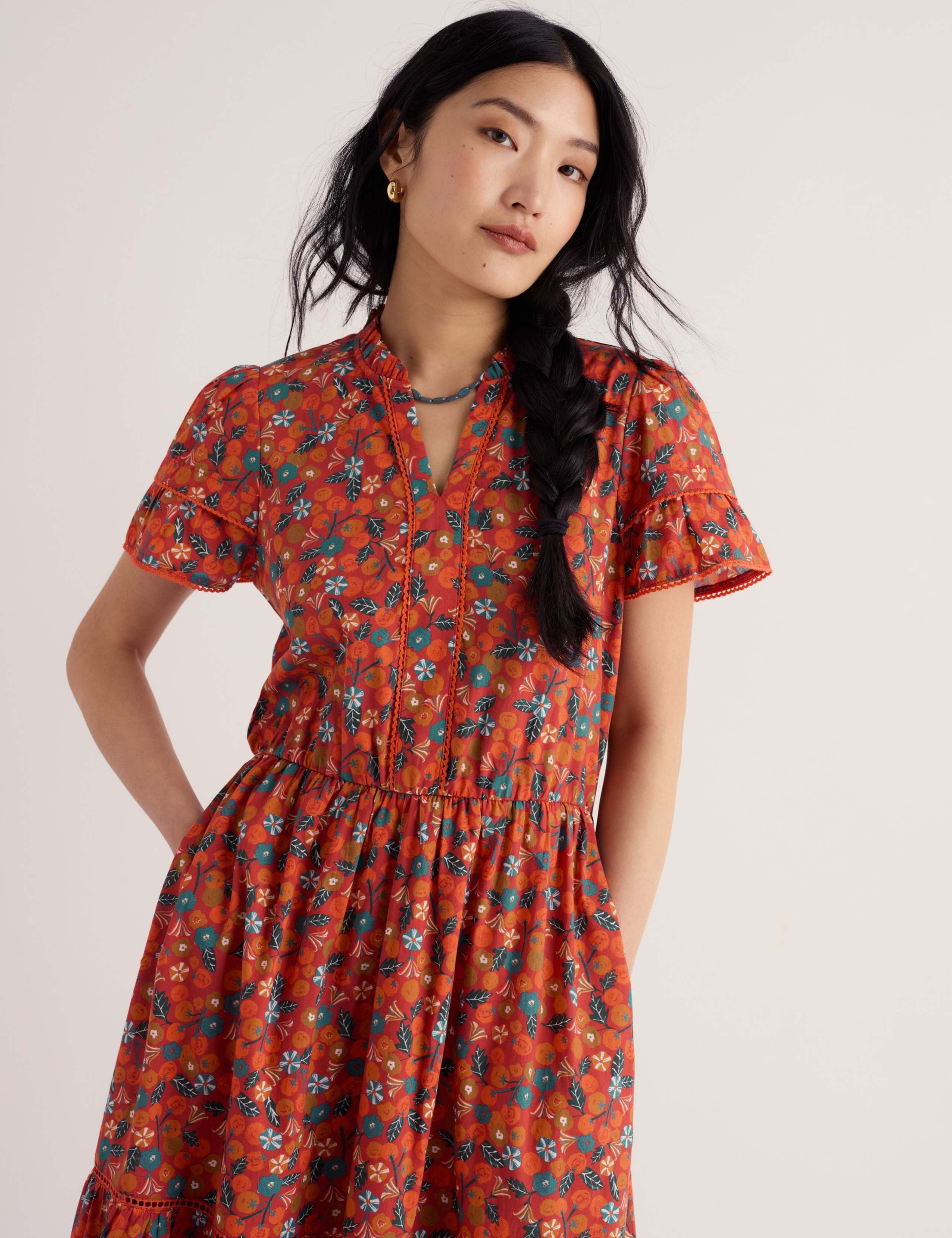 Pure Cotton Floral Notch Neck Midi Tiered Dress 5 of 6