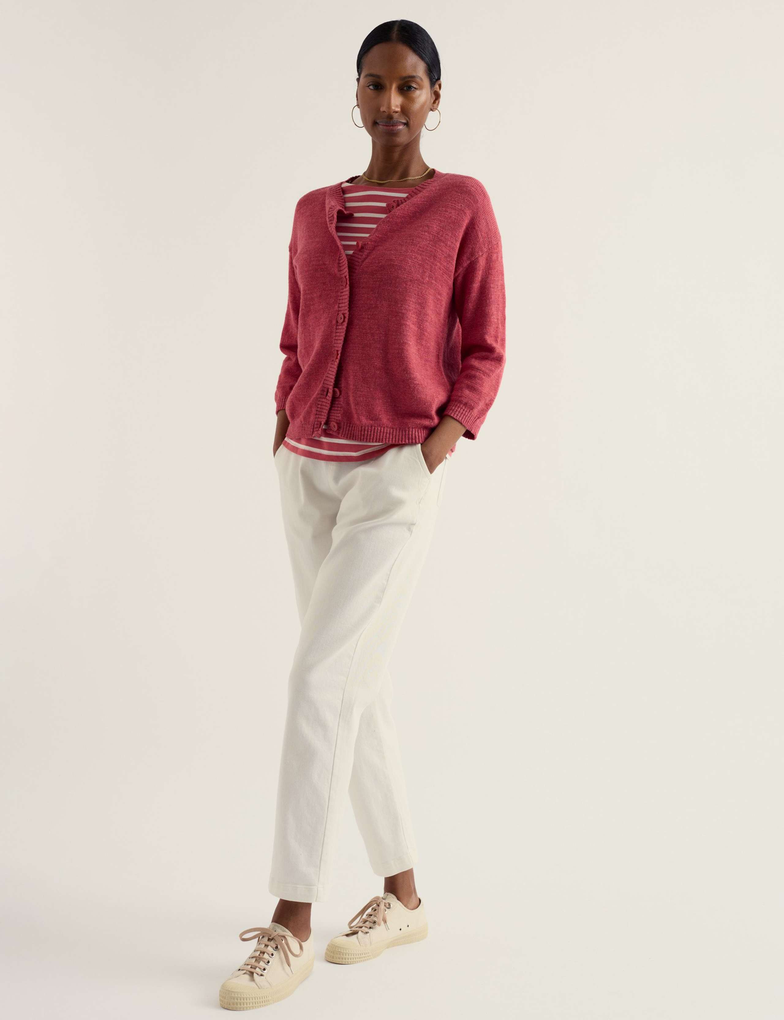 Cotton-Rich Crew Neck Cardigan with Linen 3 of 5