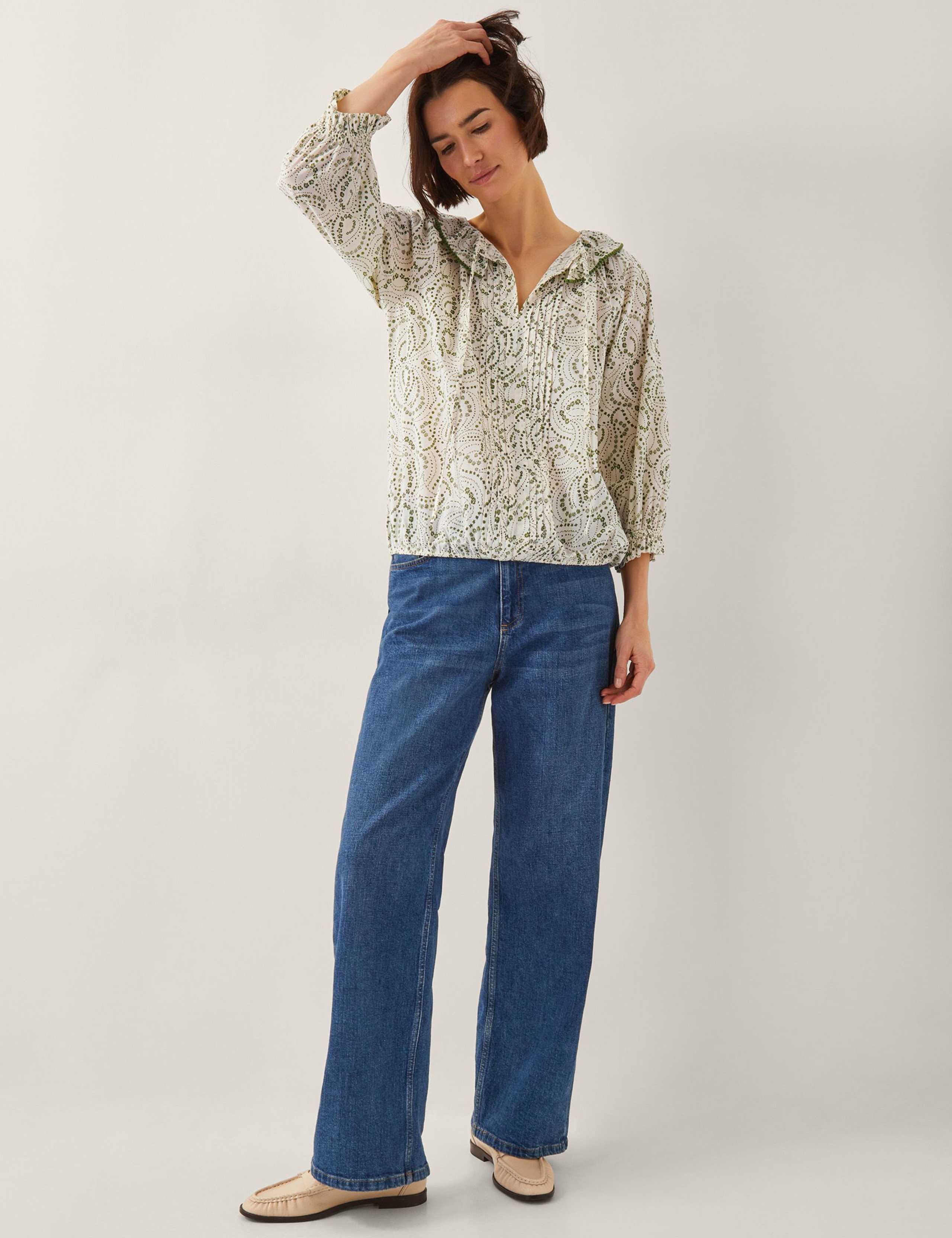 Pure Cotton Printed Pleated Tie Neck Blouse 2 of 4