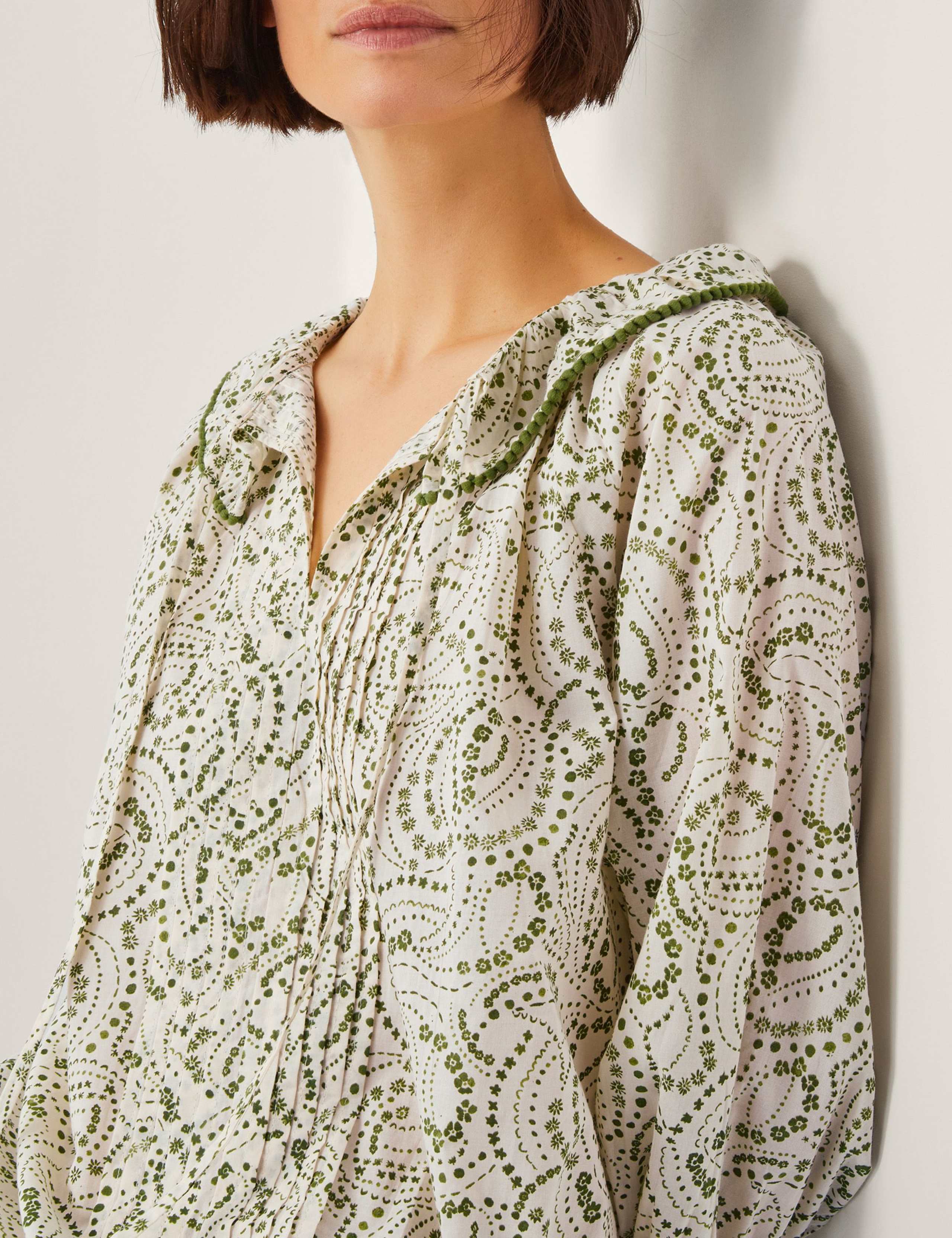 Pure Cotton Printed Pleated Tie Neck Blouse 3 of 4