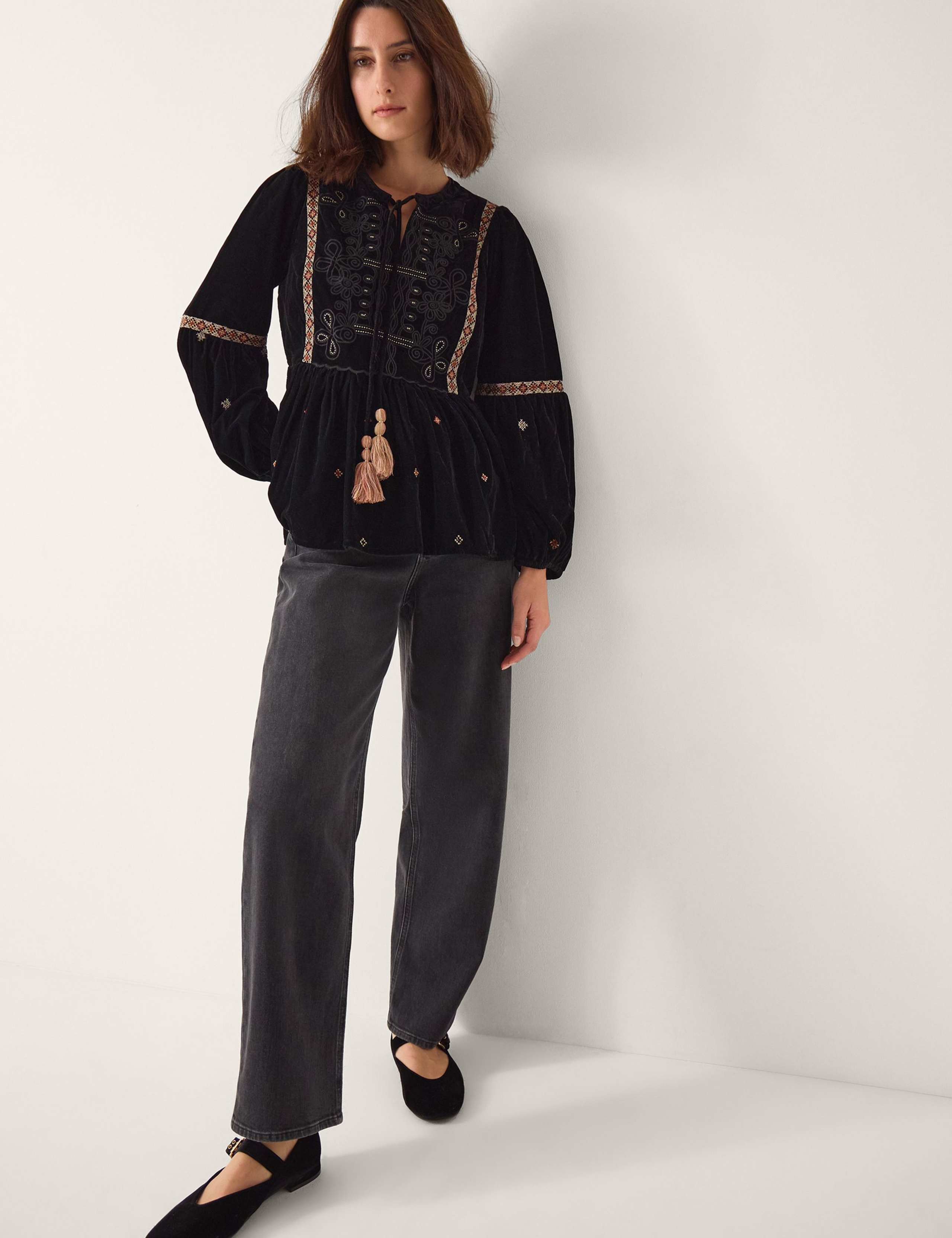 Velvet Embroidered Tie Neck Peplum Blouse 2 of 3