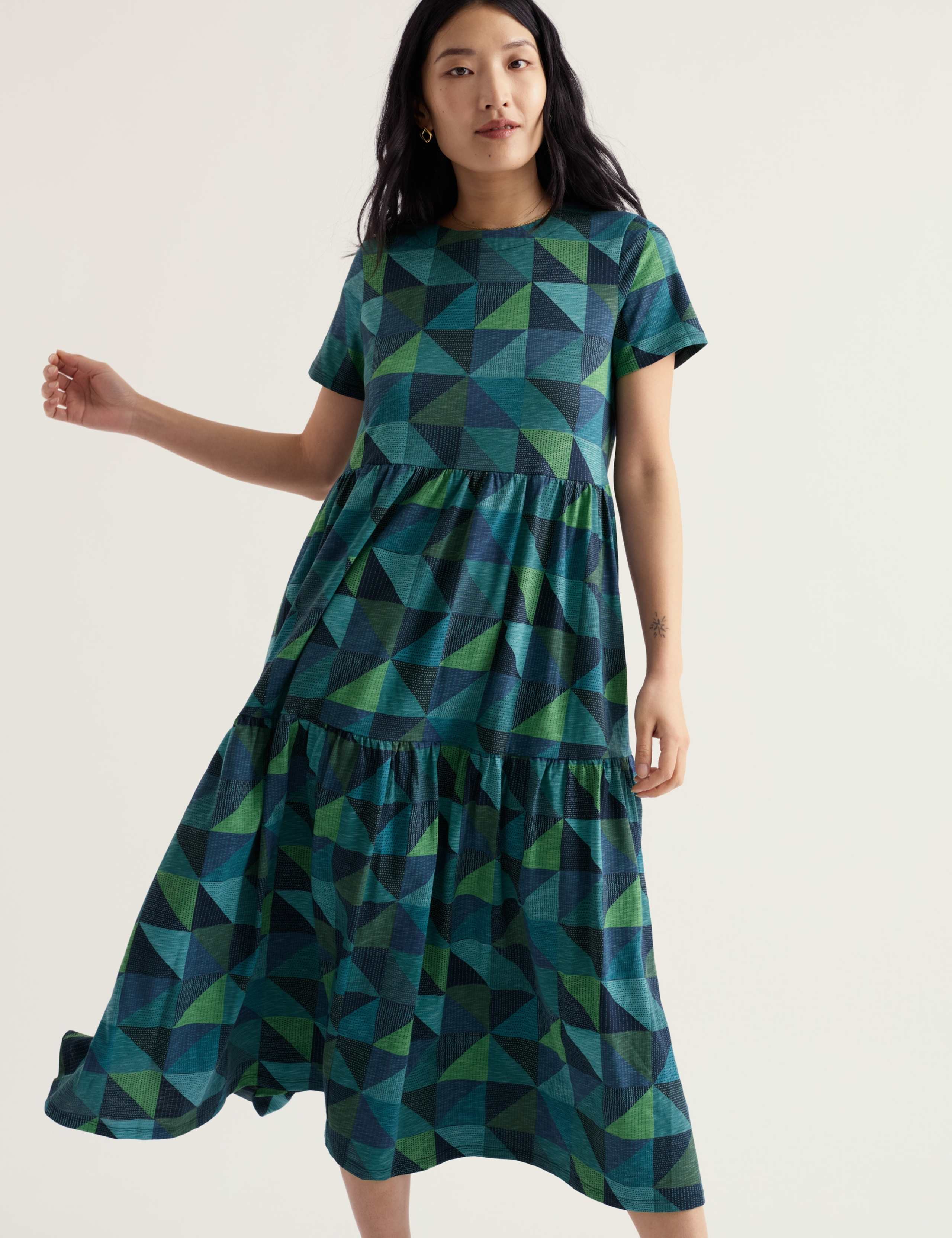 Pure Cotton Geometric Midaxi Tiered Dress 3 of 5