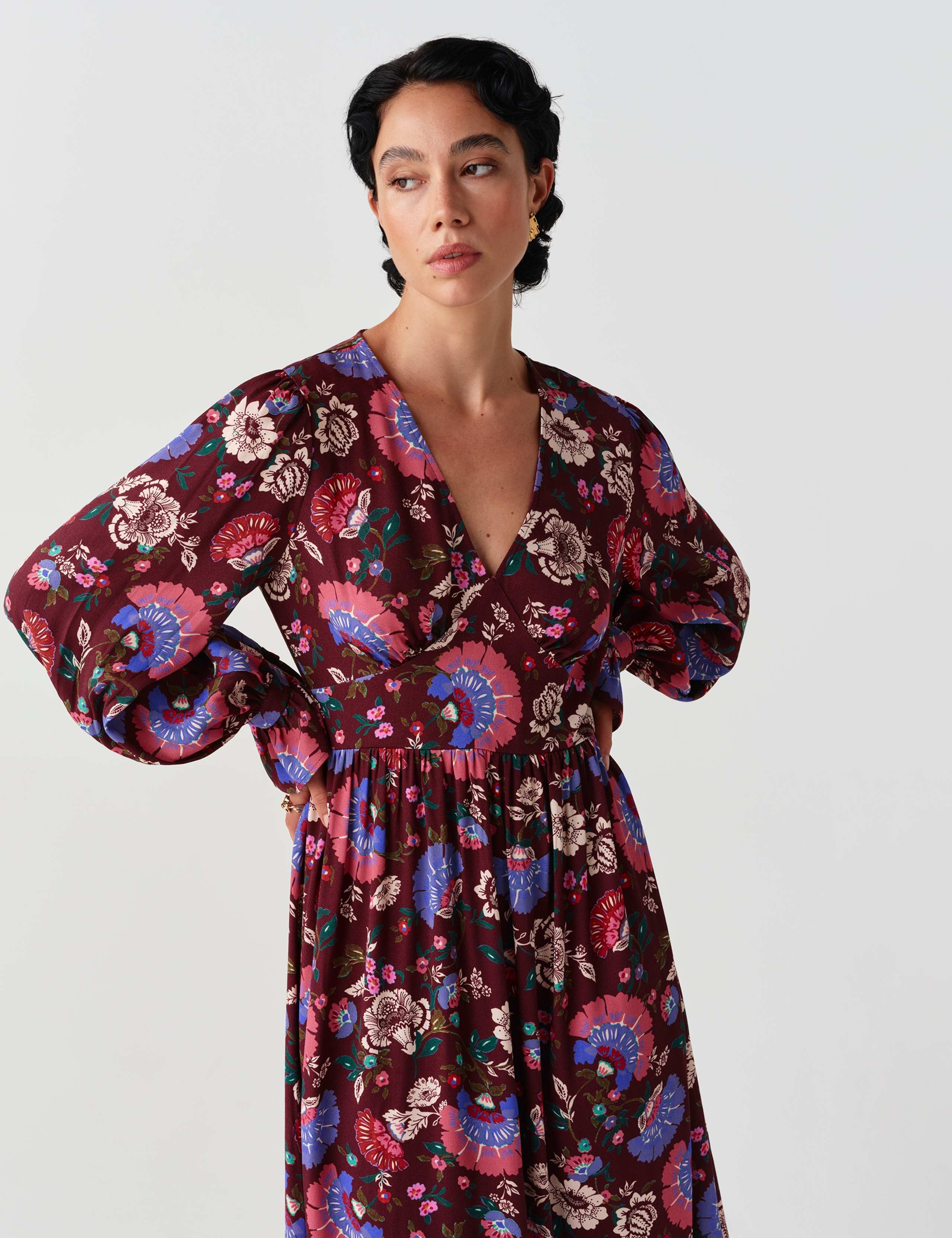 Crepe Paisley V Neck Midi Tiered Dress 2 of 9