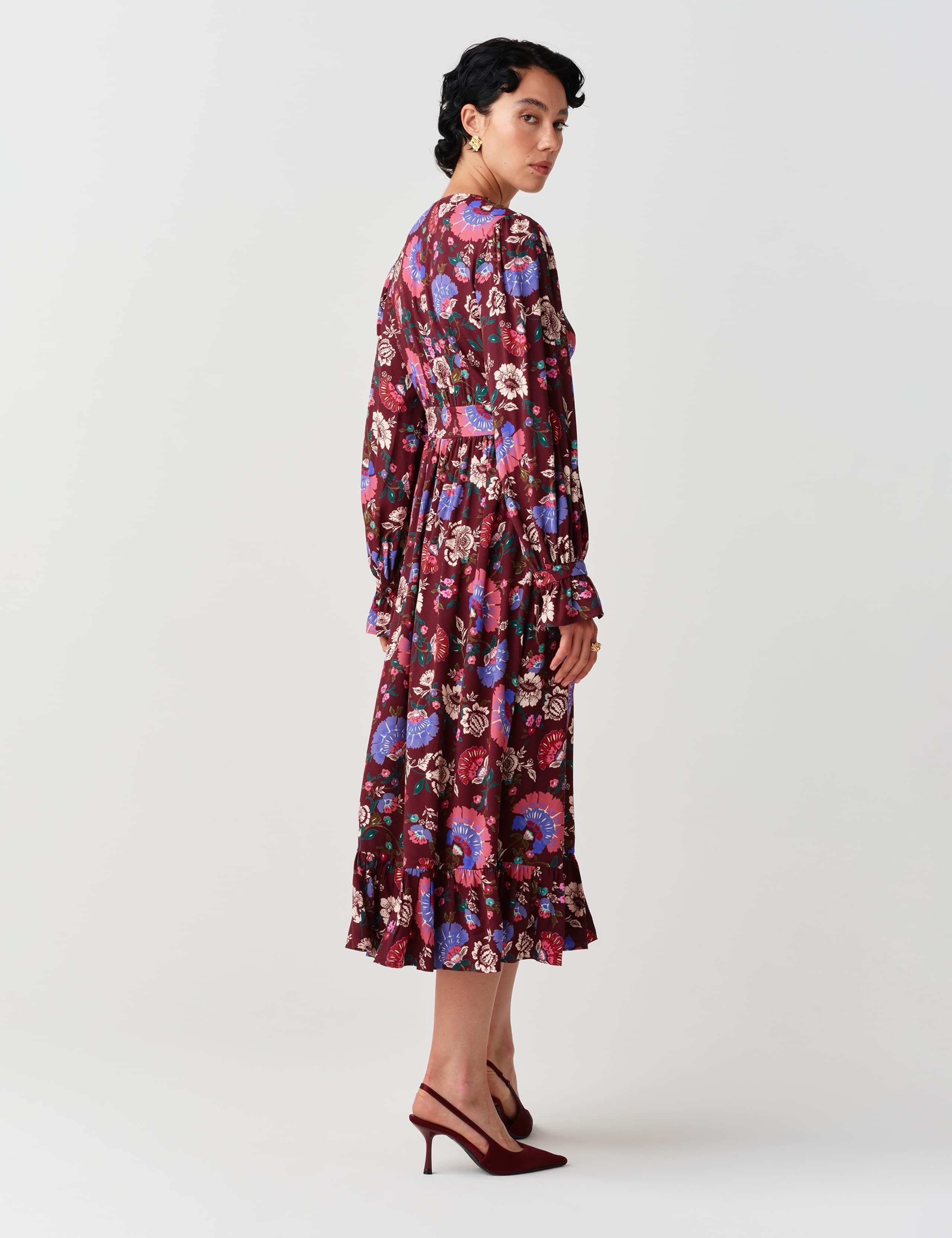Crepe Paisley V Neck Midi Tiered Dress 3 of 9