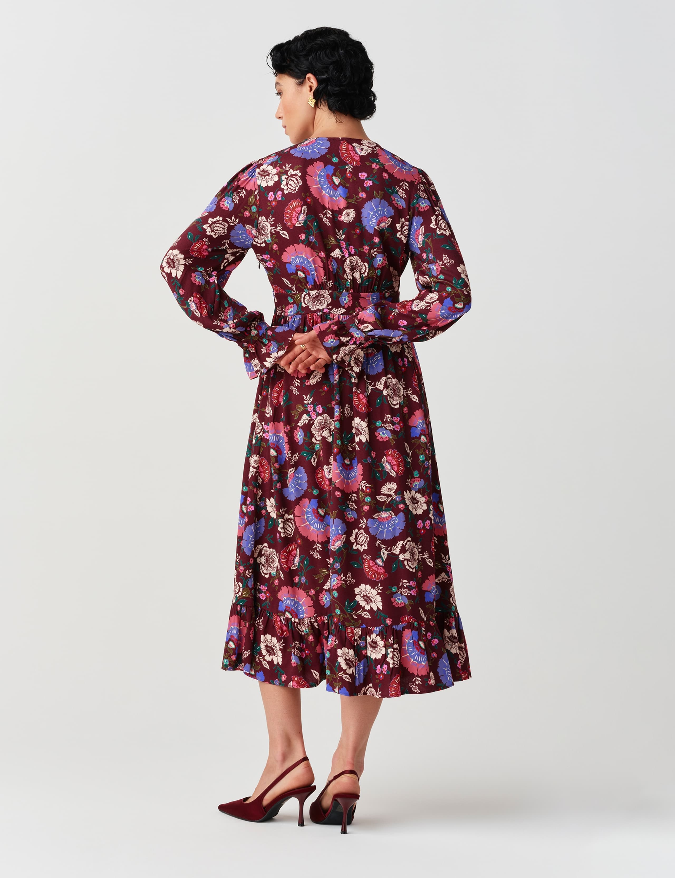 Crepe Paisley V Neck Midi Tiered Dress 5 of 9