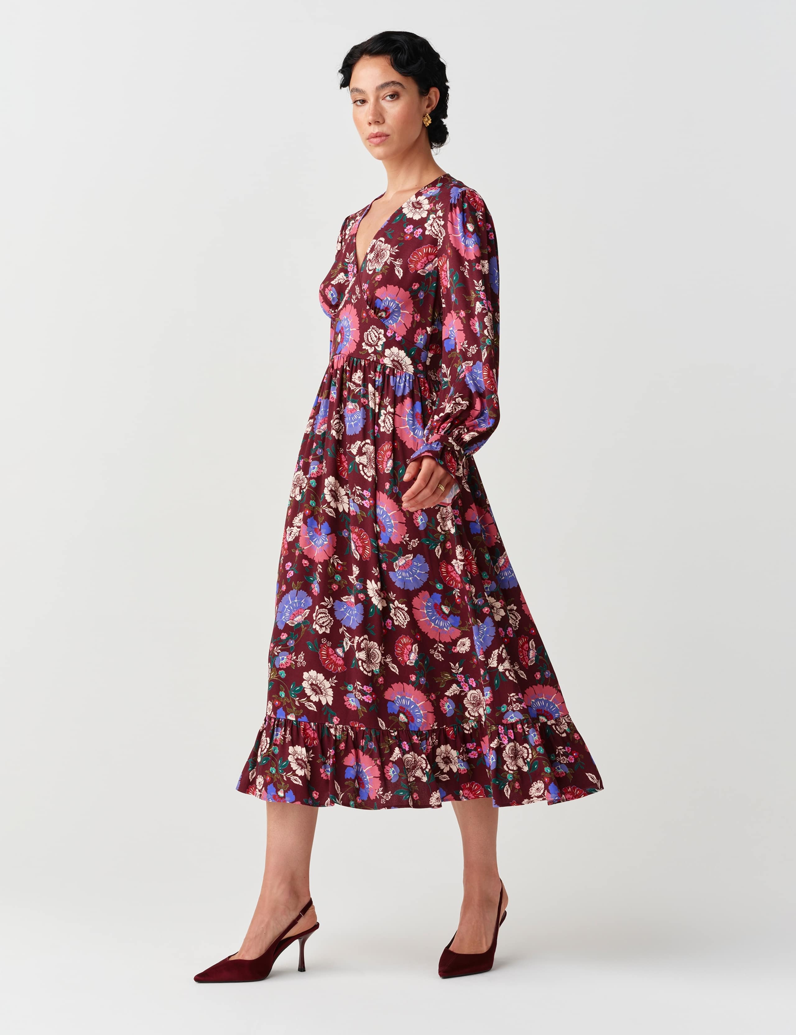 Crepe Paisley V Neck Midi Tiered Dress 6 of 9