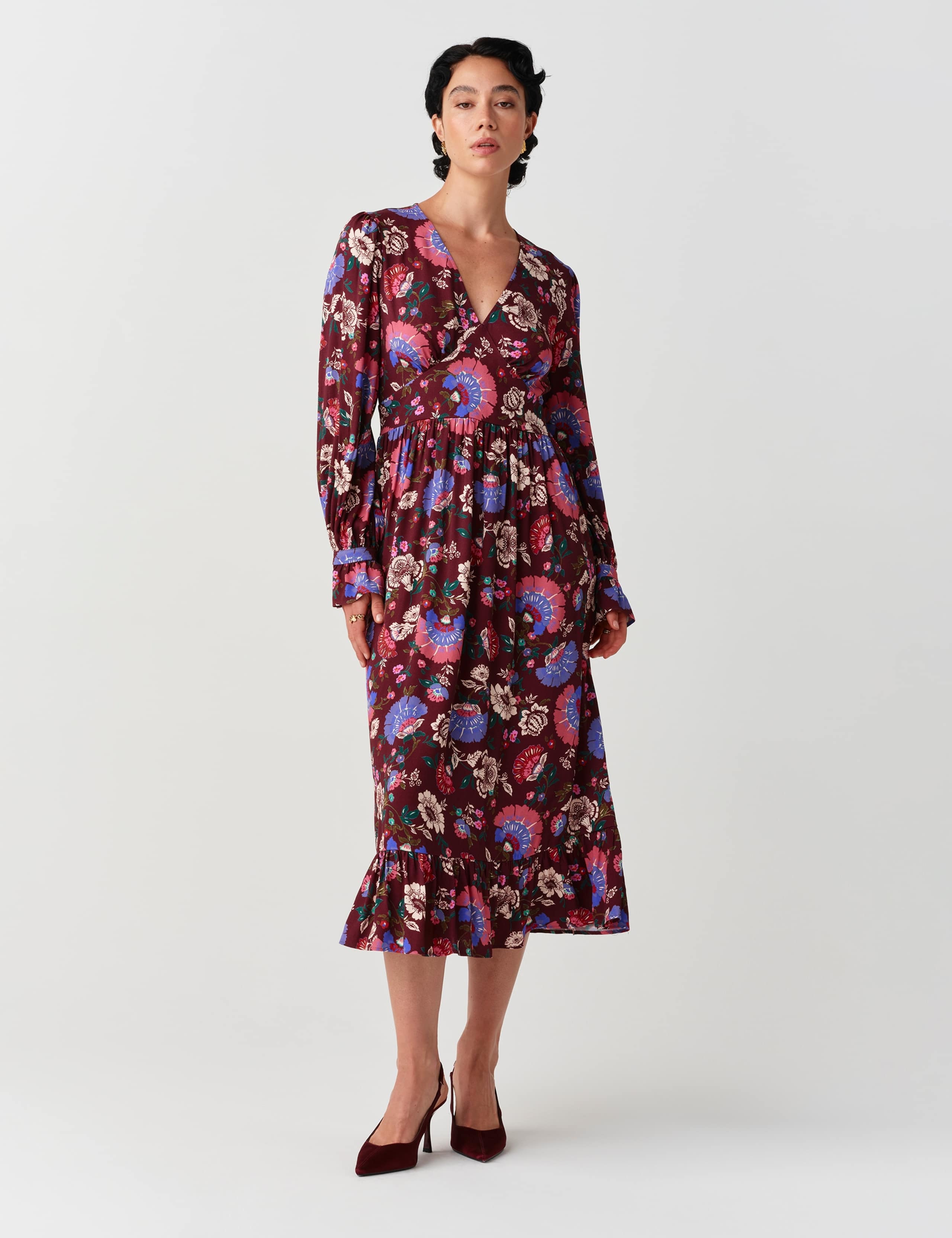 Crepe Paisley V Neck Midi Tiered Dress 7 of 9