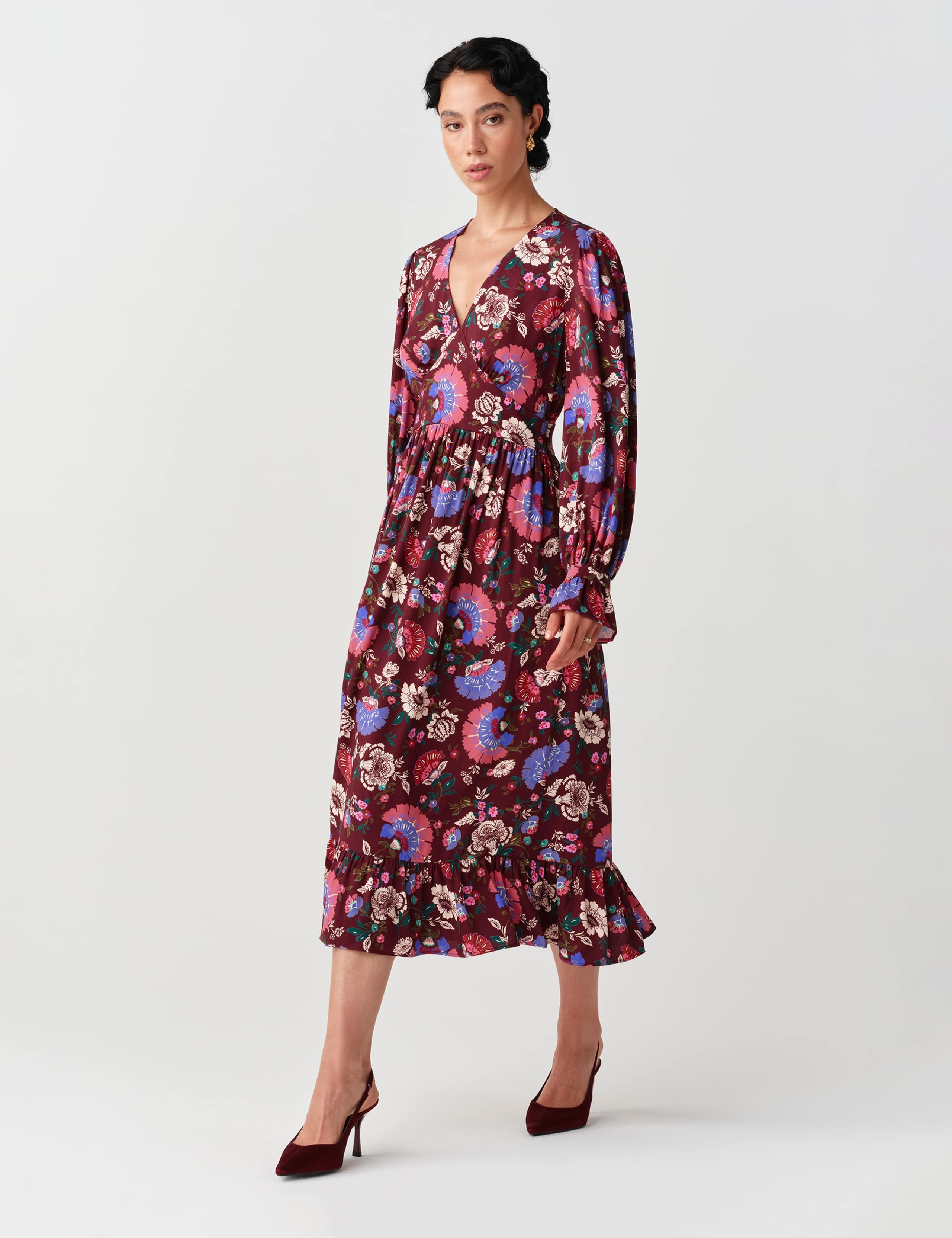 Crepe Paisley V Neck Midi Tiered Dress 8 of 9