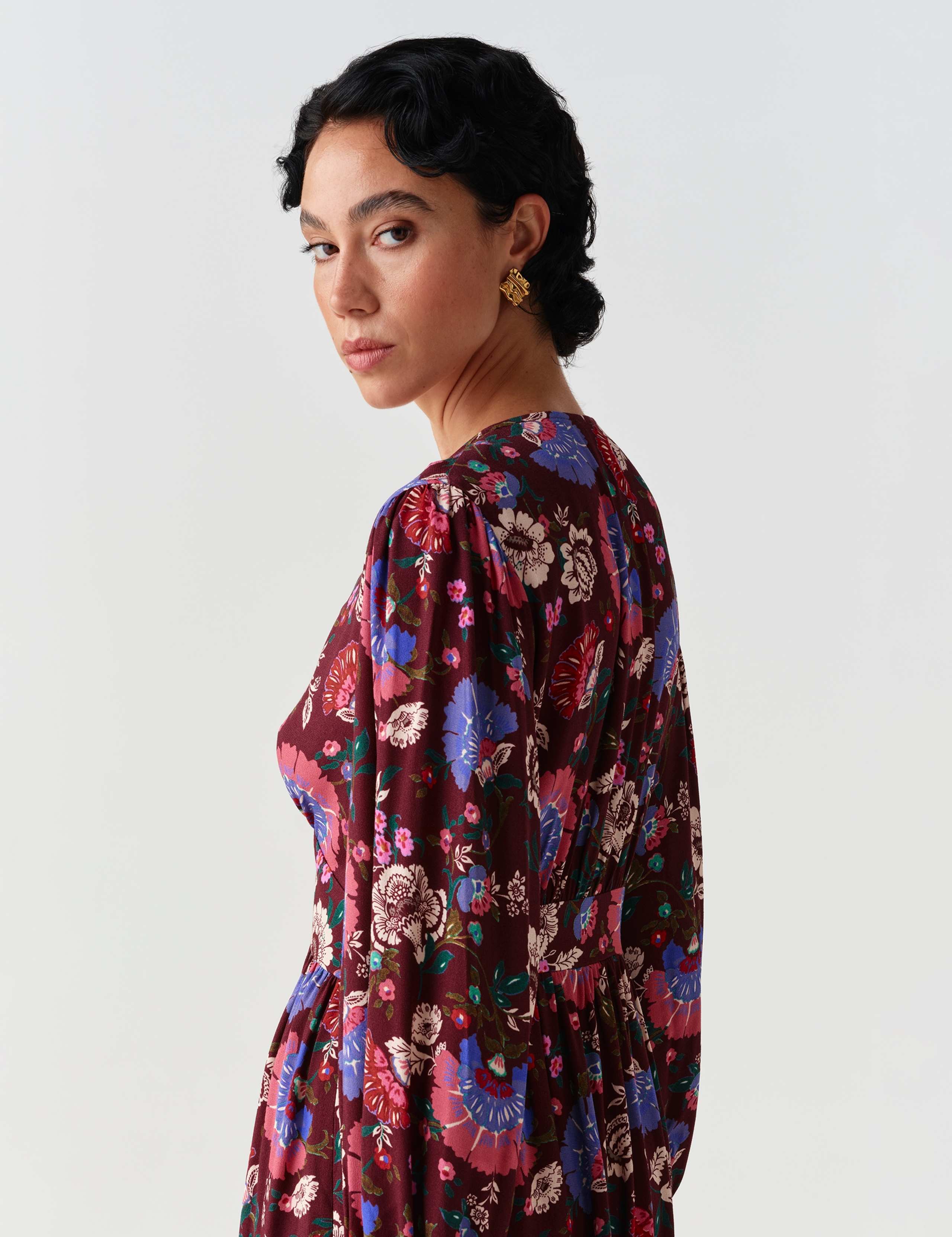 Crepe Paisley V Neck Midi Tiered Dress 9 of 9