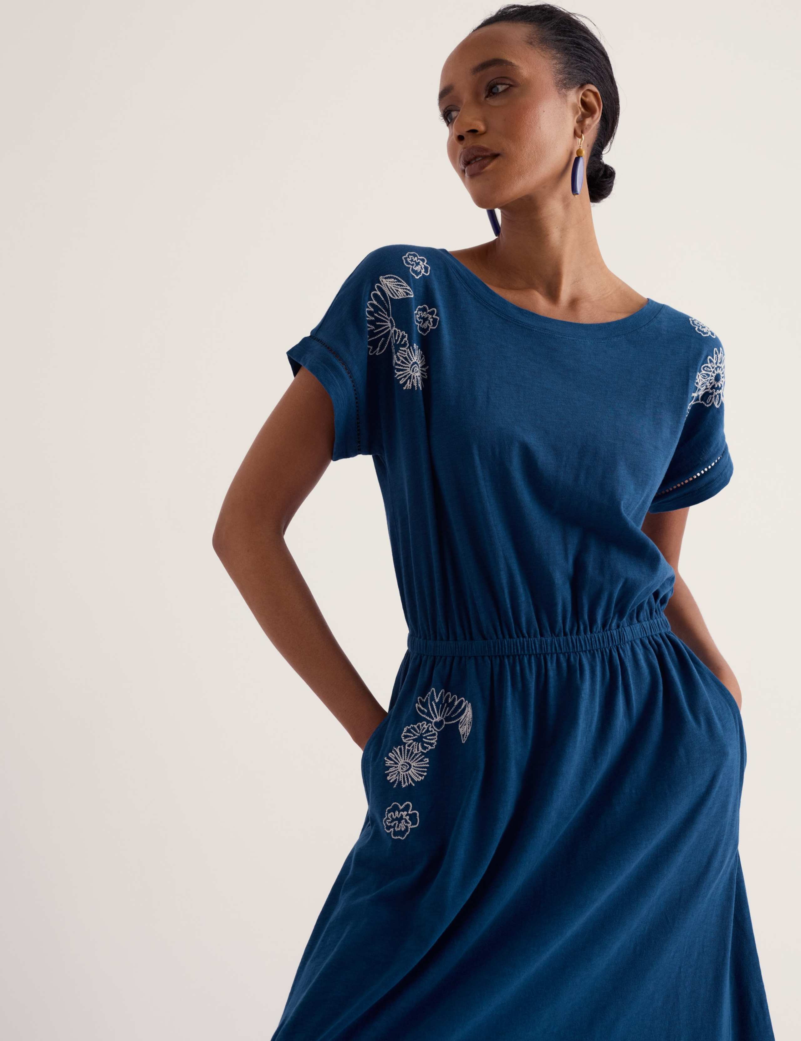 Pure Cotton Embroidered Midi Waisted Dress 5 of 5