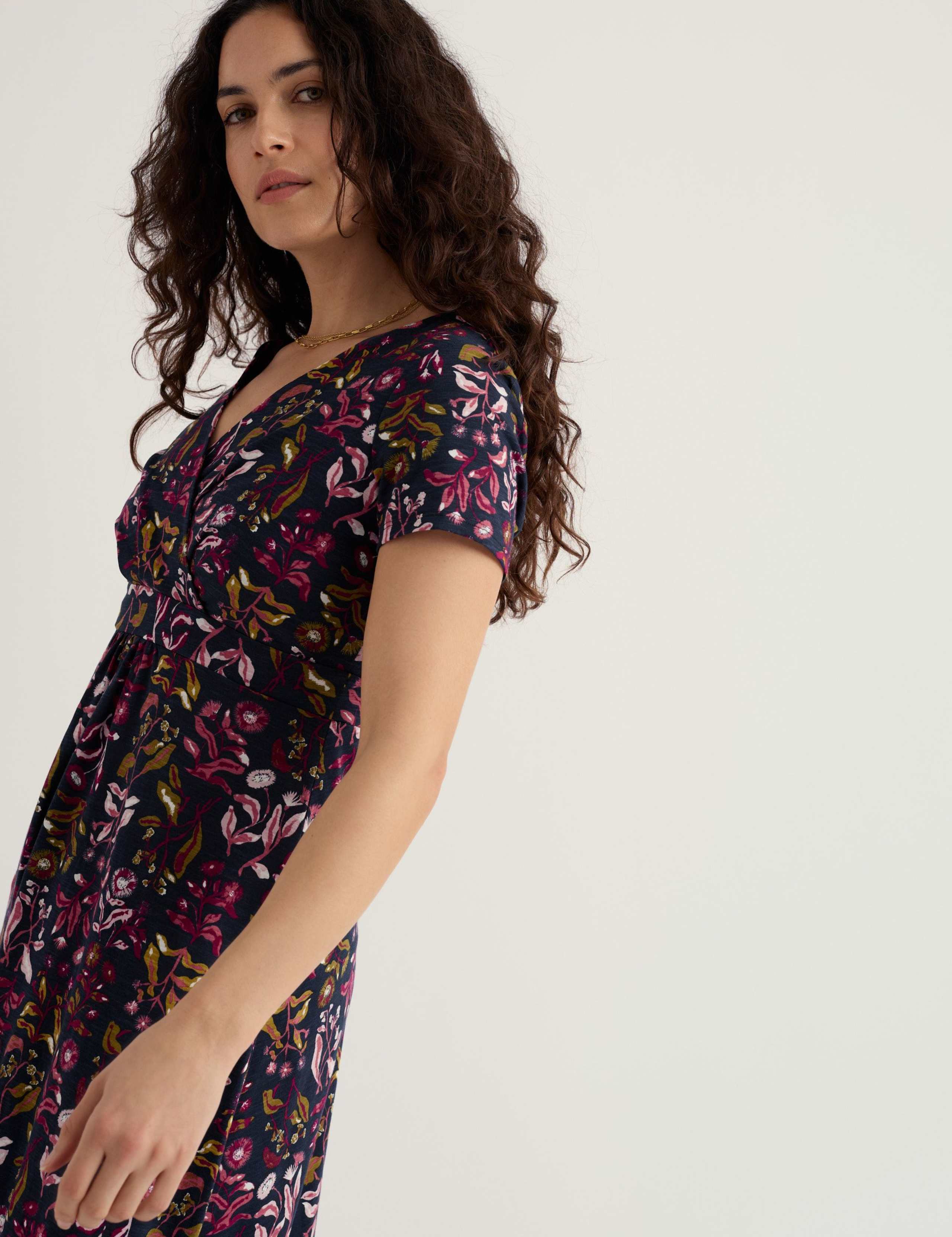 Pure Cotton Floral V-Neck Midi Tea Dress 4 of 5