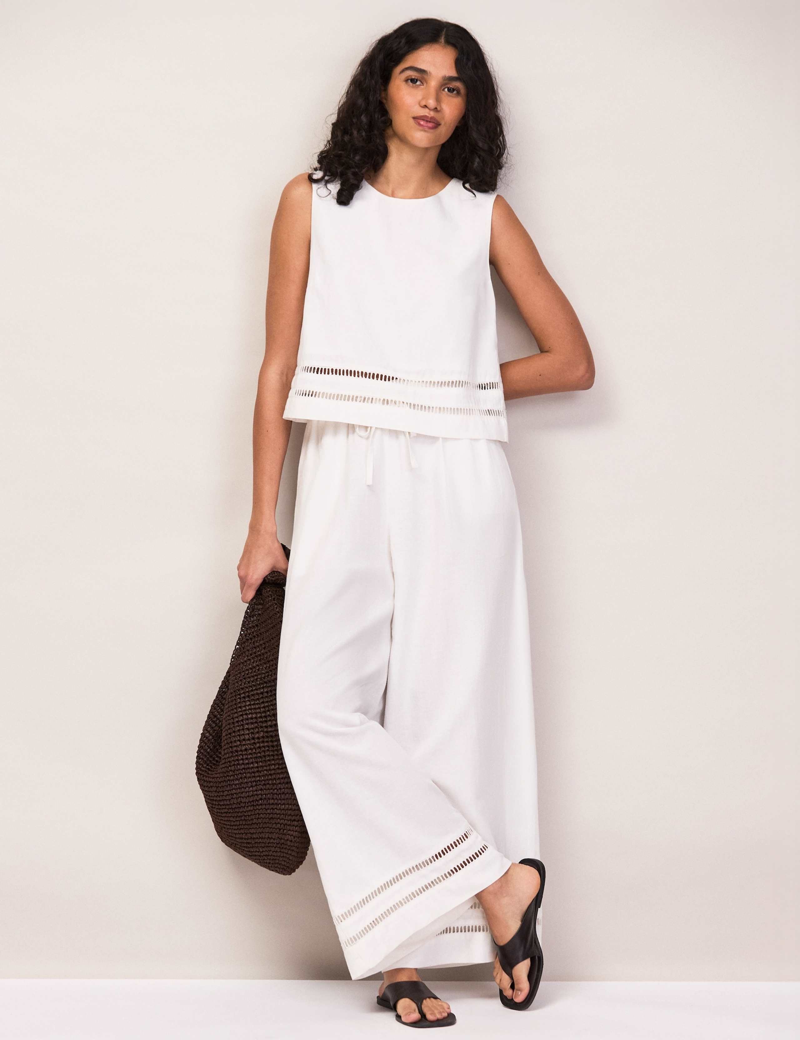 Cotton Blend Ladder Lace Wide Leg Trousers 2 of 7
