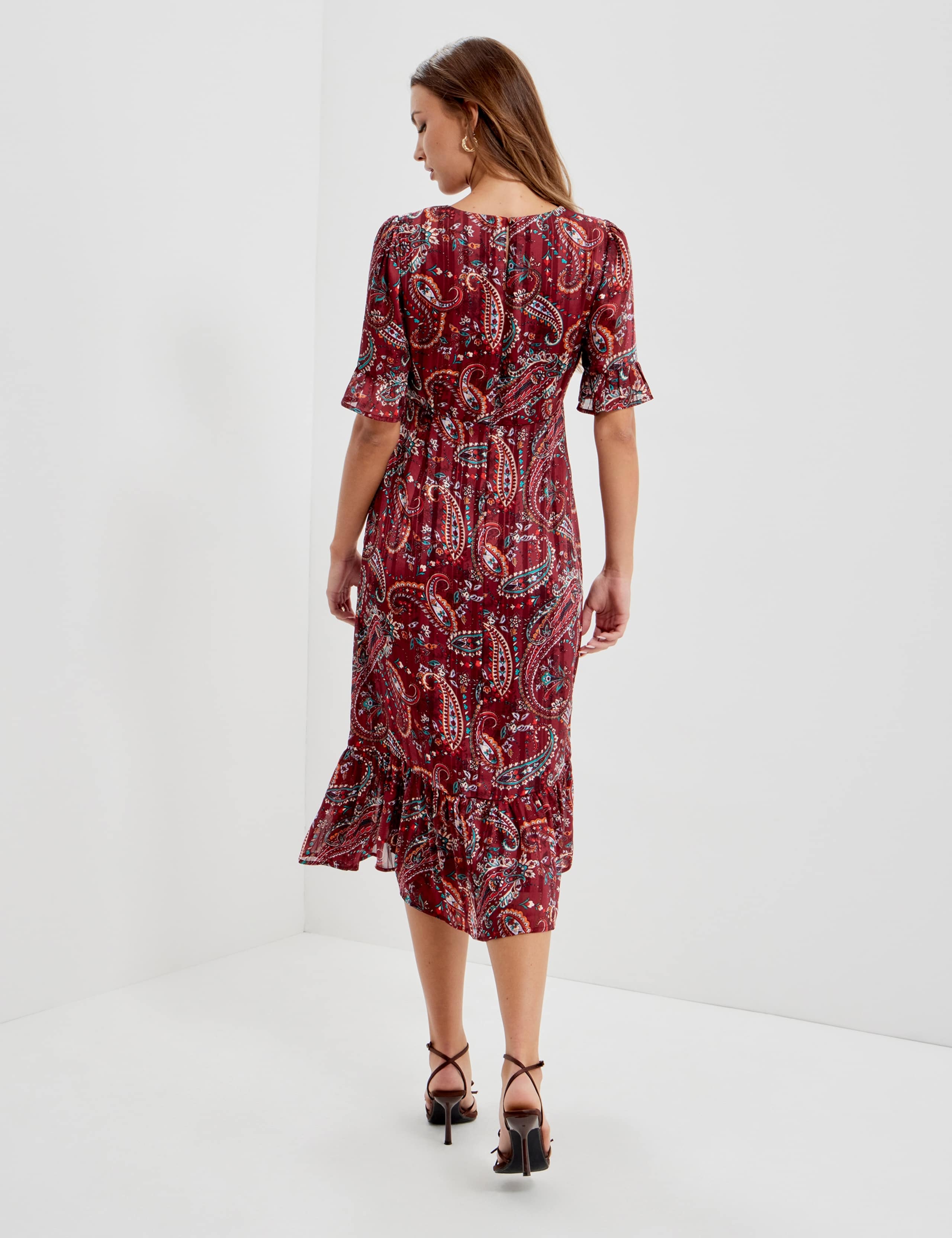 Chiffon Paisley Round Neck Keyhole Midi Dress 2 of 12