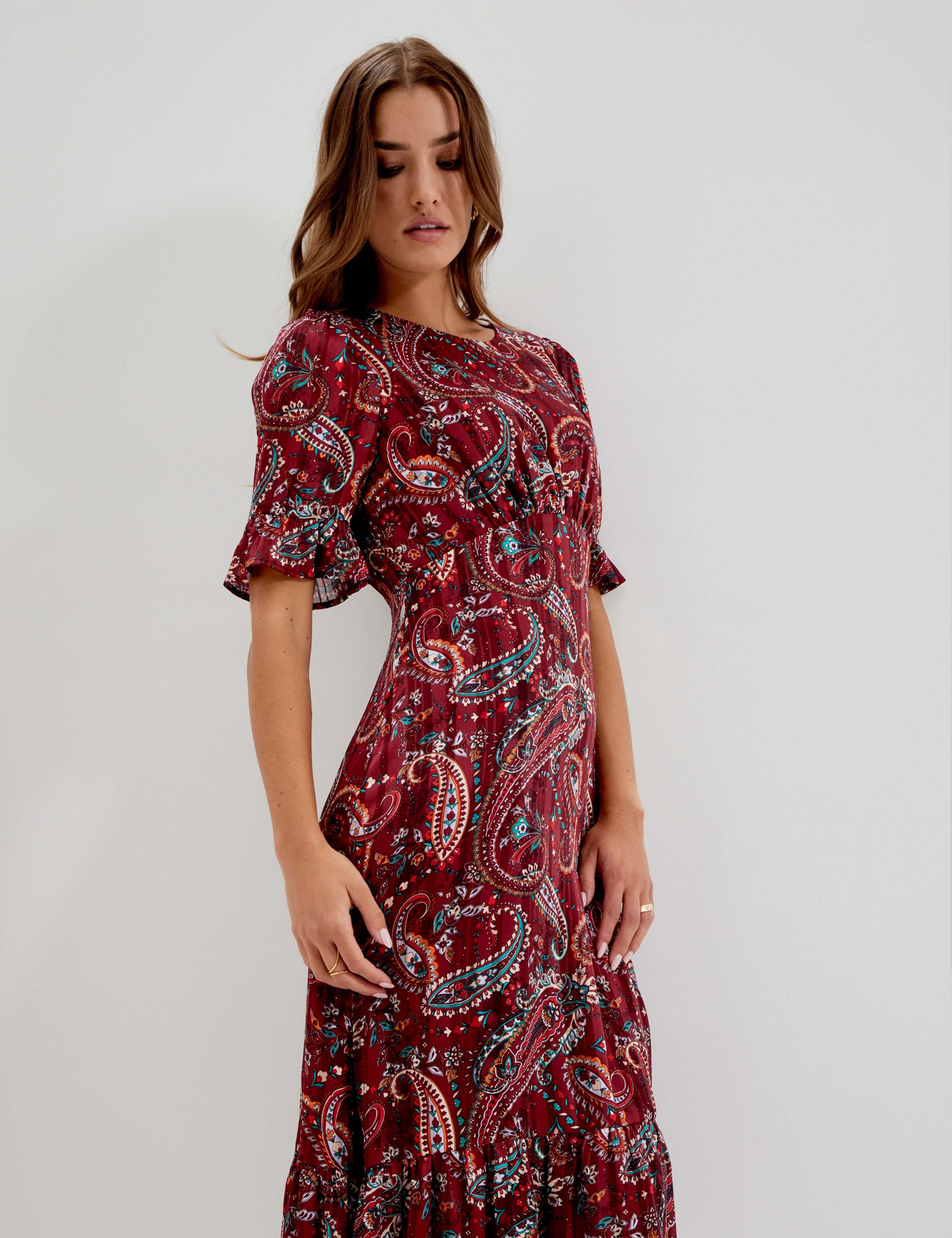 Chiffon Paisley Round Neck Keyhole Midi Dress 11 of 12