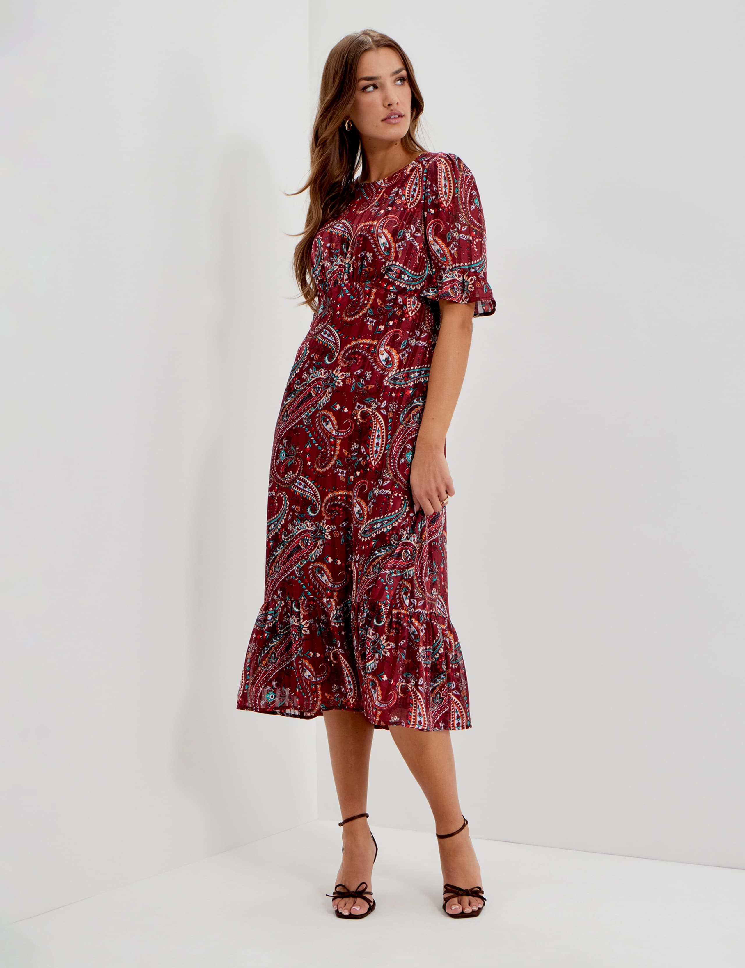 Chiffon Paisley Round Neck Keyhole Midi Dress 12 of 12