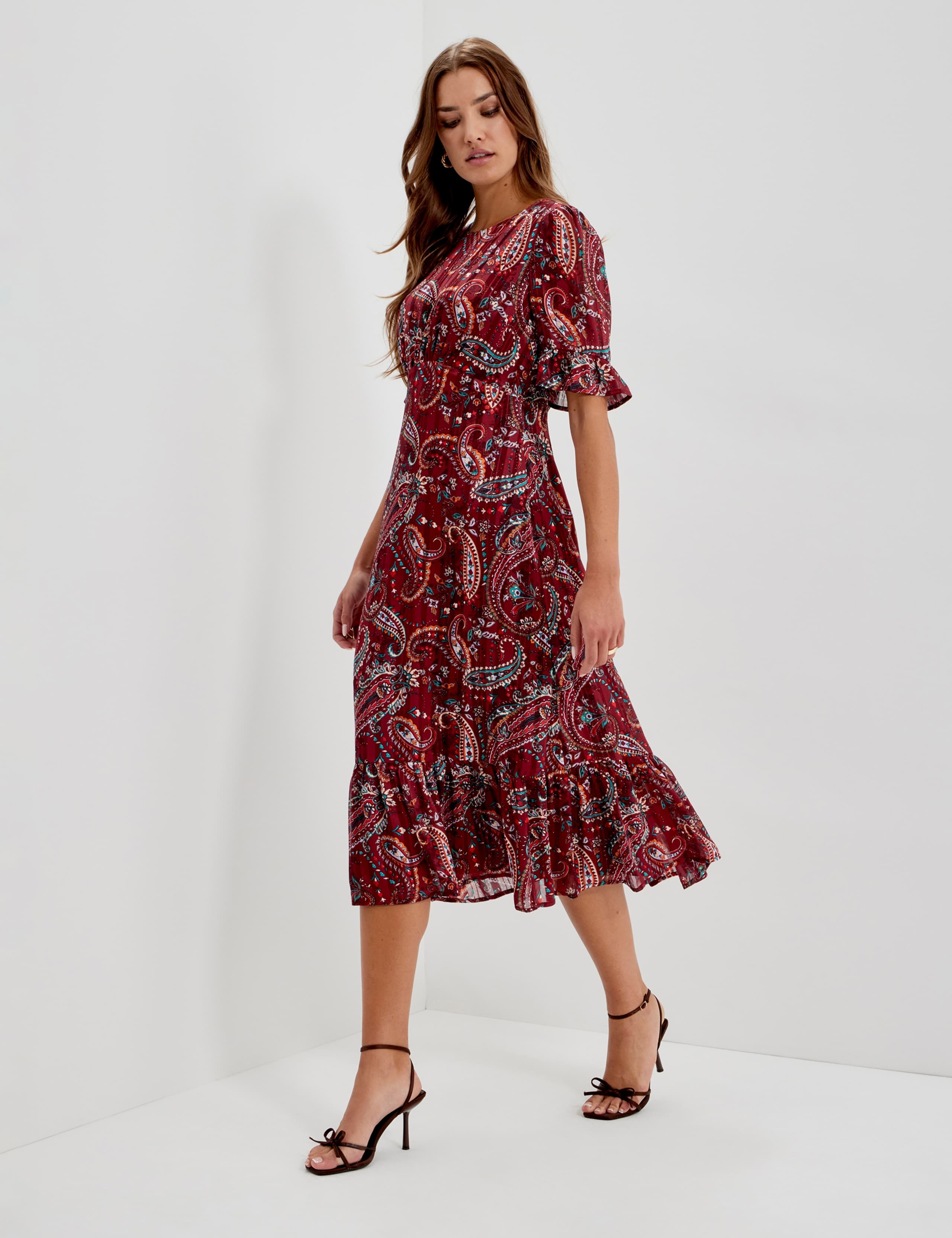 Chiffon Paisley Round Neck Keyhole Midi Dress 3 of 12