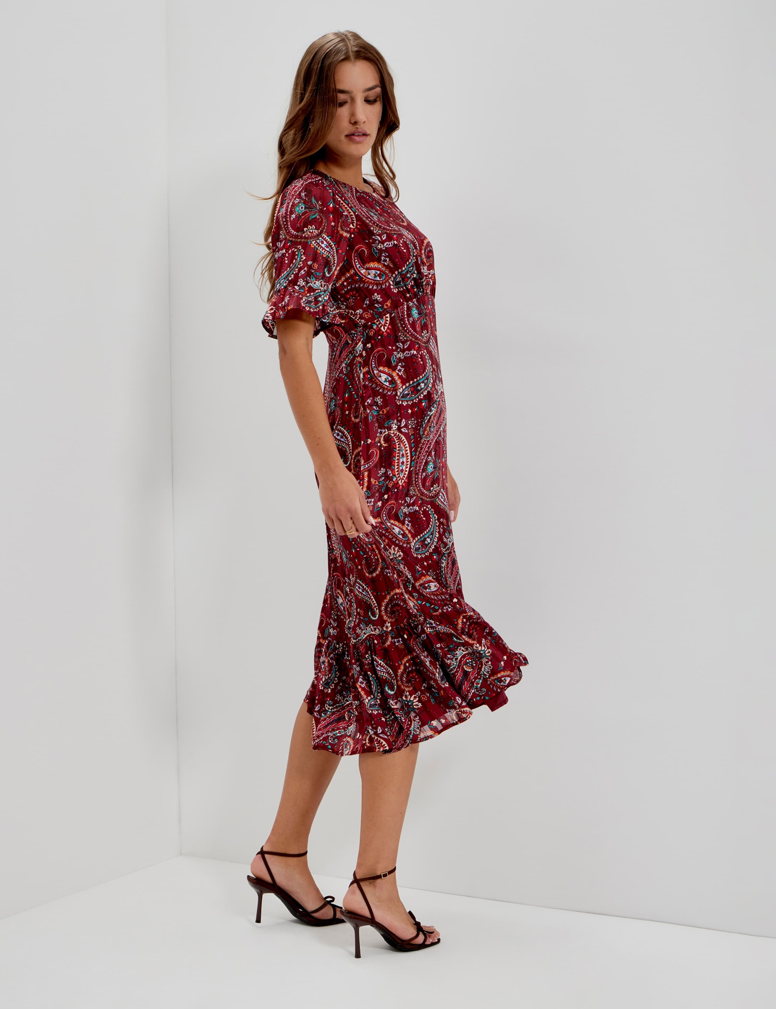 Chiffon Paisley Round Neck Keyhole Midi Dress 4 of 12