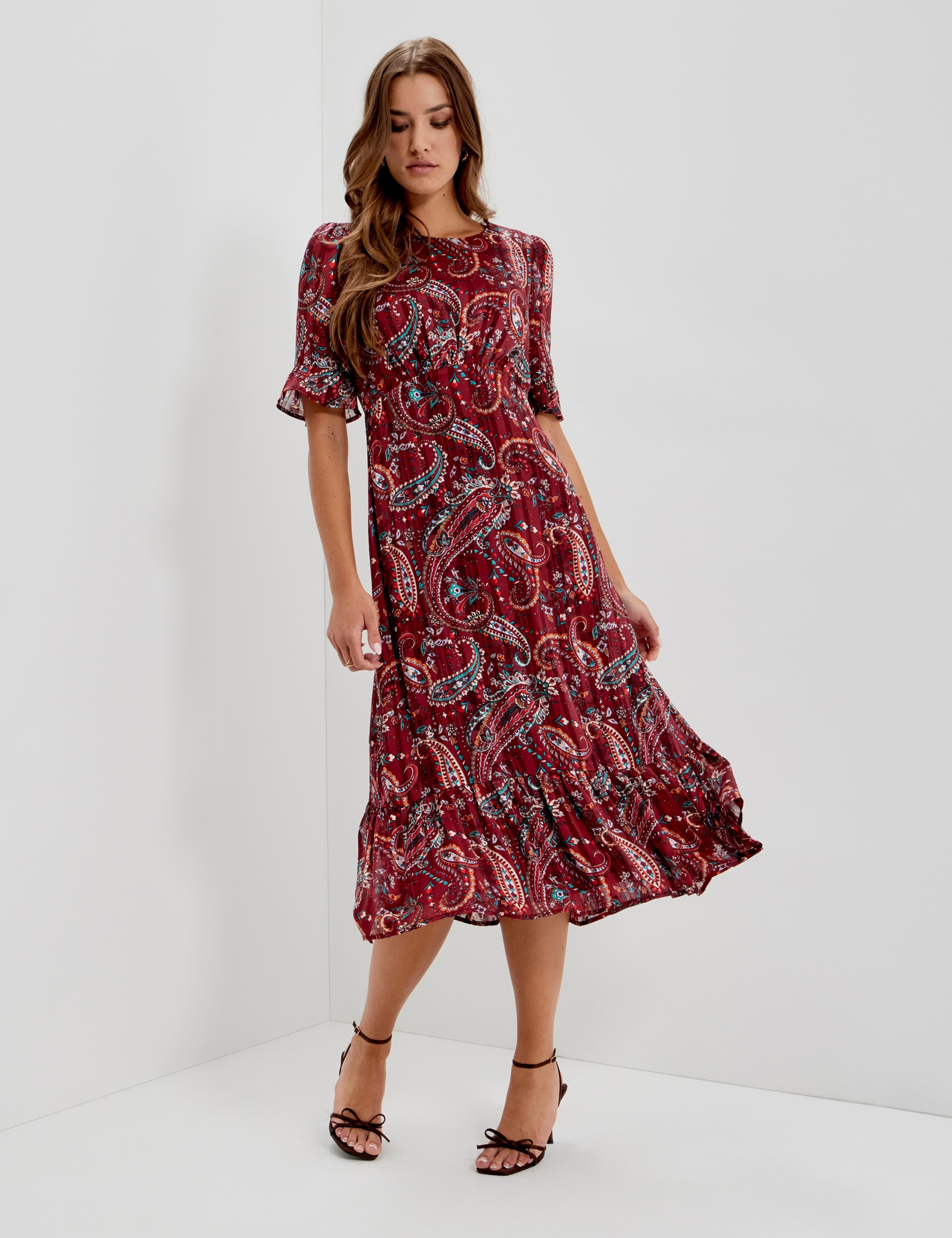 Chiffon Paisley Round Neck Keyhole Midi Dress 5 of 12