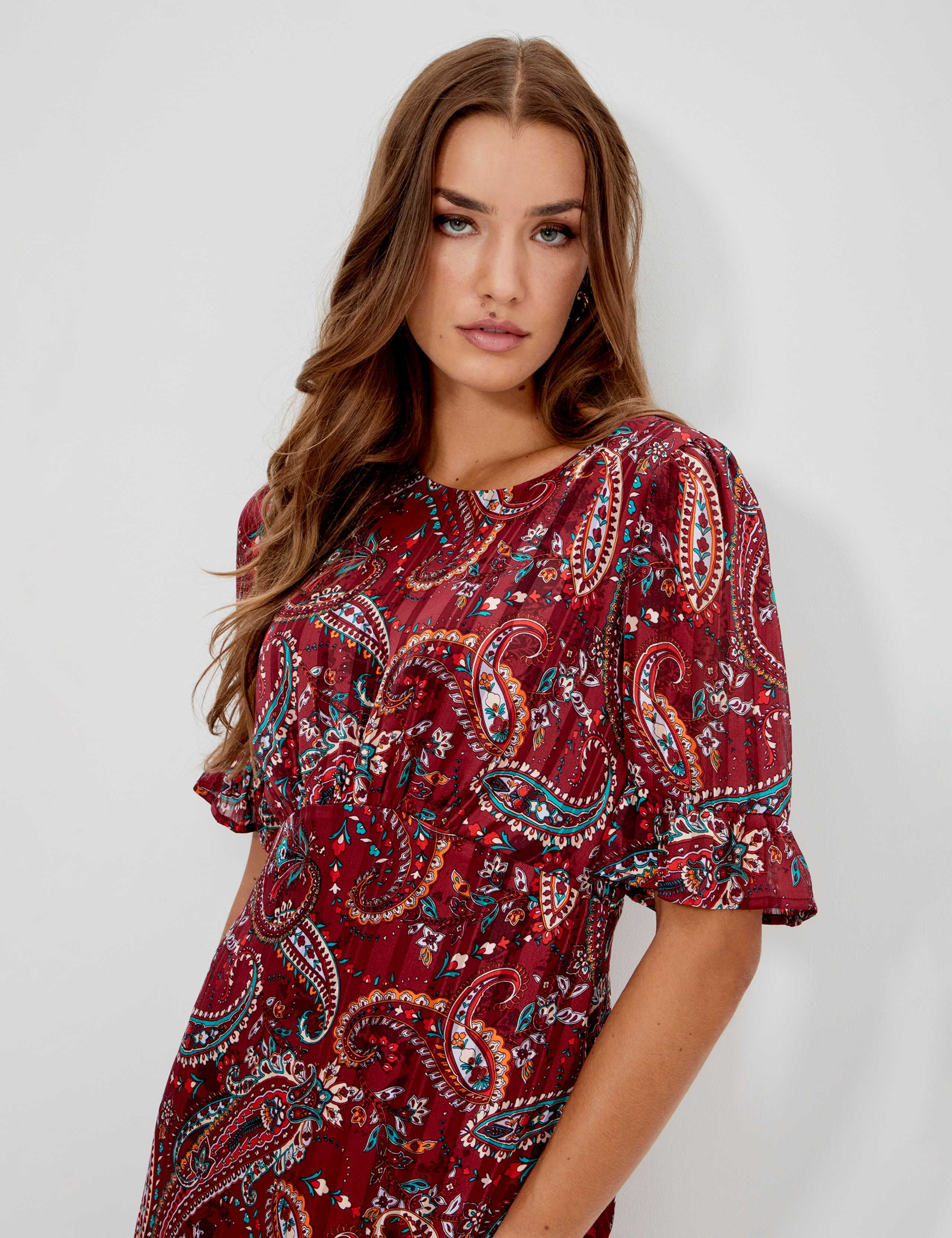 Chiffon Paisley Round Neck Keyhole Midi Dress 6 of 12